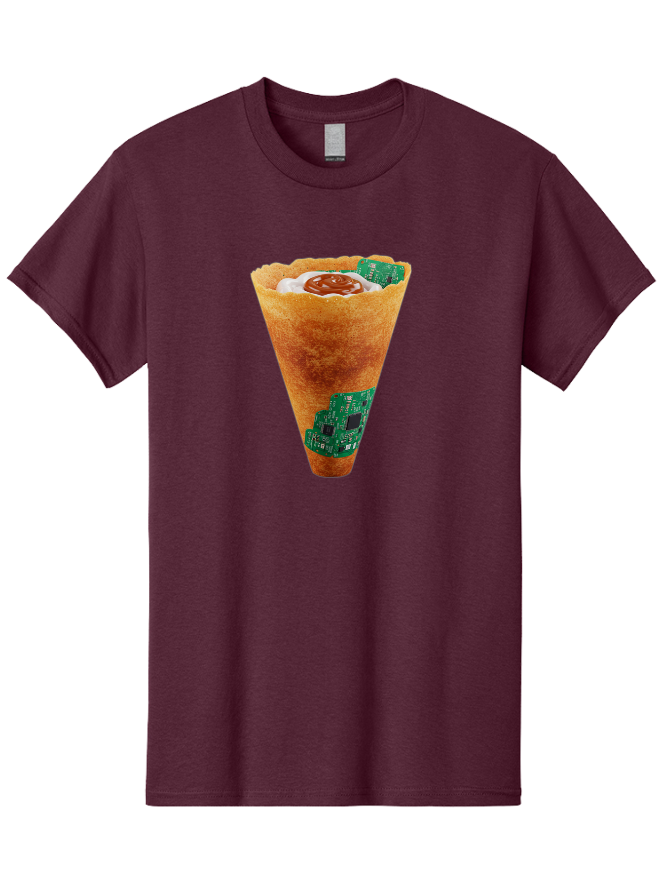 Crepe-Cone-With-Circuit-Board Men'S Graphic Tee, 100% Cotton, Comfortable Casual Summer Wear, Machine Washable, Crepe Cone, Circuit Board Design, Tech-Inspired Dessert, Sweet And Savory Mix, Innovative Food, Futuristic Cuisine, Dessert Art, Baa414