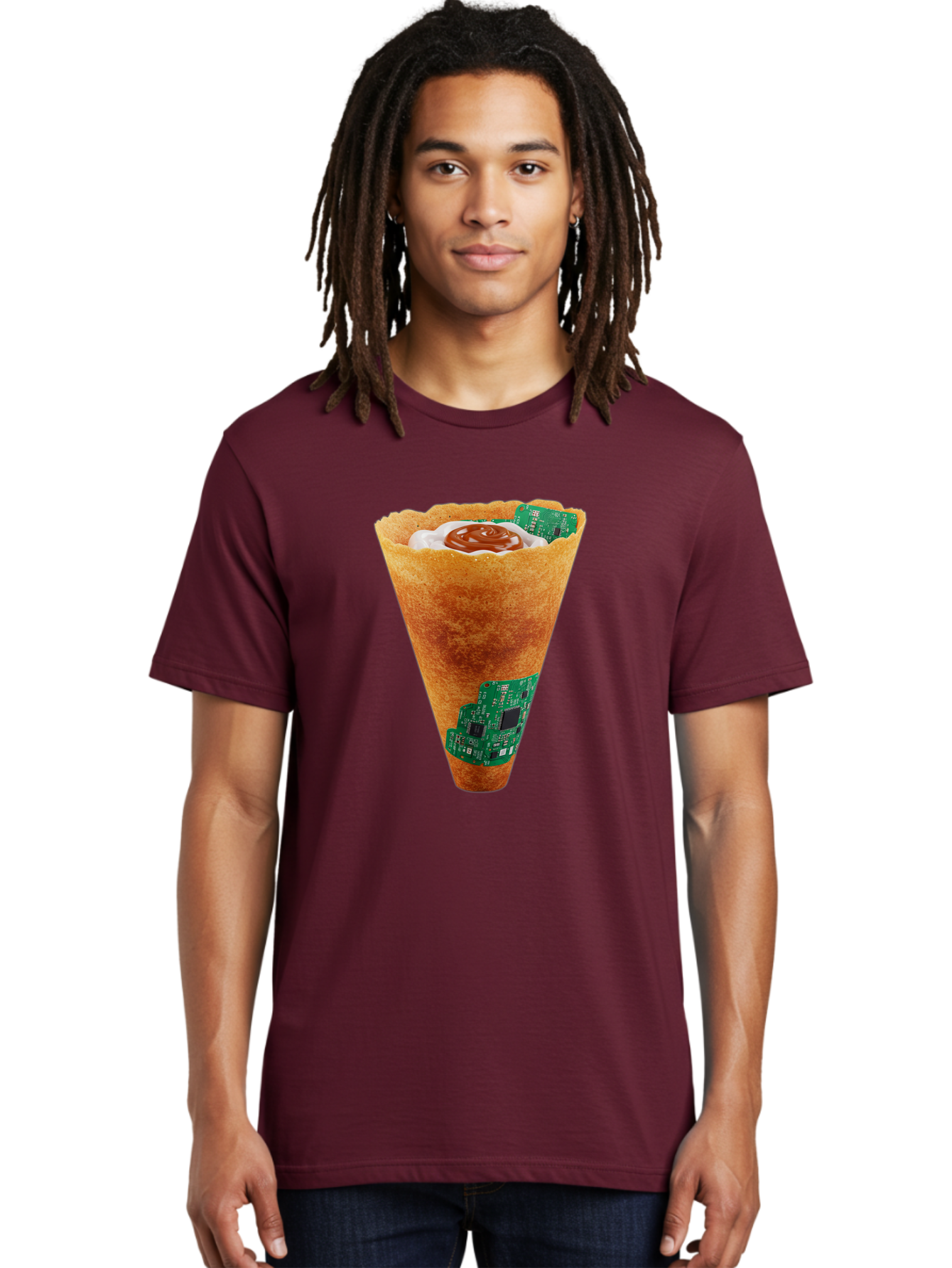 Crepe-Cone-With-Circuit-Board Men'S Graphic Tee, 100% Cotton, Comfortable Casual Summer Wear, Machine Washable, Crepe Cone, Circuit Board Design, Tech-Inspired Dessert, Sweet And Savory Mix, Innovative Food, Futuristic Cuisine, Dessert Art, Baa414