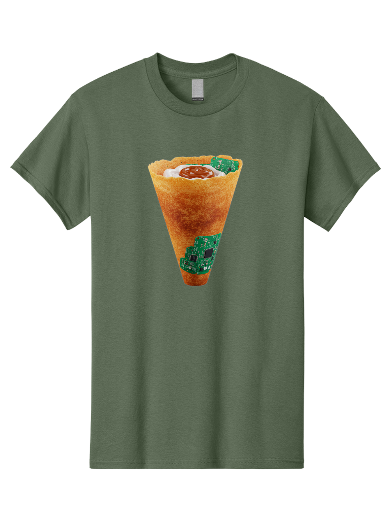 Crepe-Cone-With-Circuit-Board Men'S Graphic Tee, 100% Cotton, Comfortable Casual Summer Wear, Machine Washable, Crepe Cone, Circuit Board Design, Tech-Inspired Dessert, Sweet And Savory Mix, Innovative Food, Futuristic Cuisine, Dessert Art, Baa414