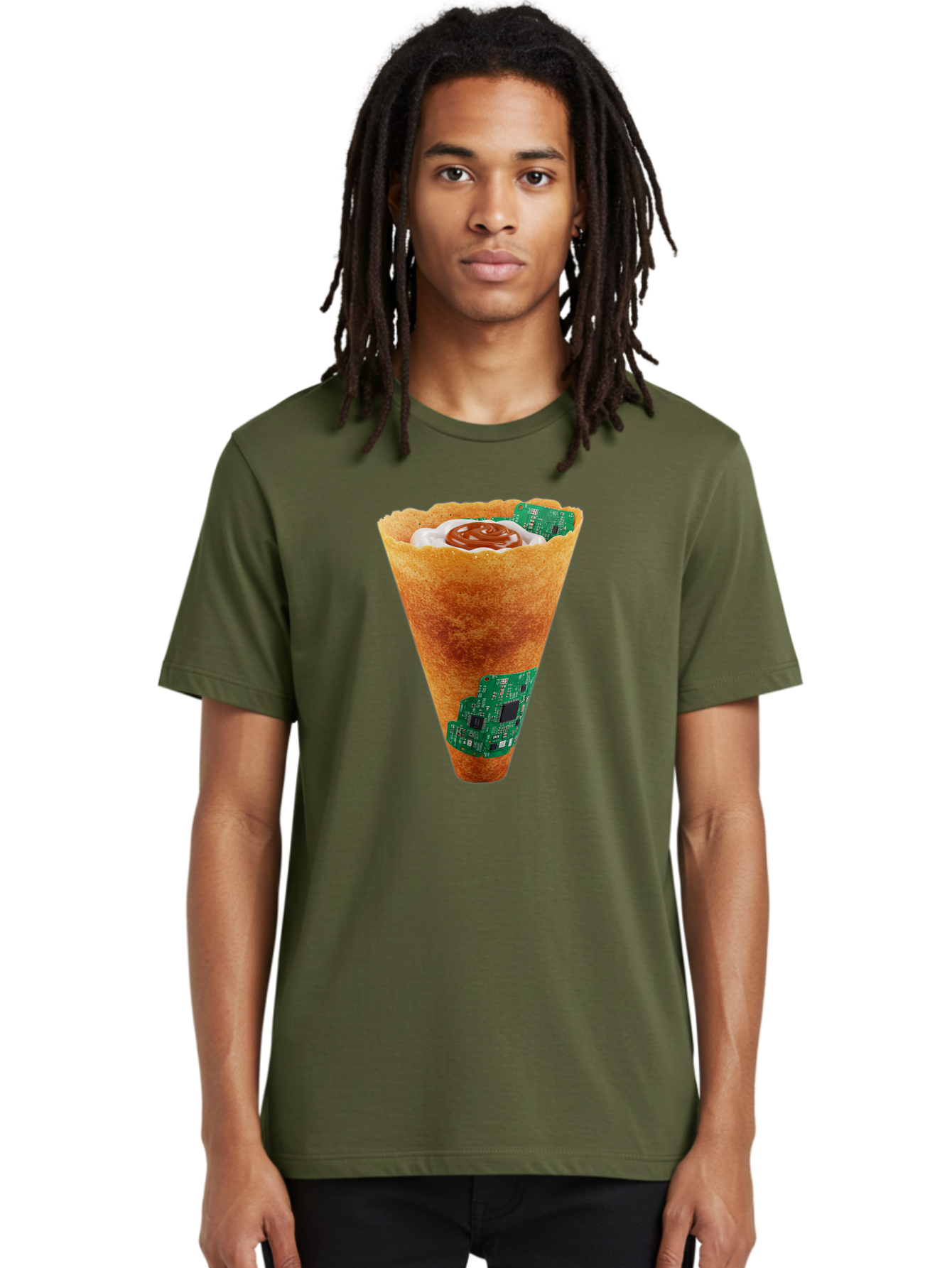 Crepe-Cone-With-Circuit-Board Men'S Graphic Tee, 100% Cotton, Comfortable Casual Summer Wear, Machine Washable, Crepe Cone, Circuit Board Design, Tech-Inspired Dessert, Sweet And Savory Mix, Innovative Food, Futuristic Cuisine, Dessert Art, Baa414