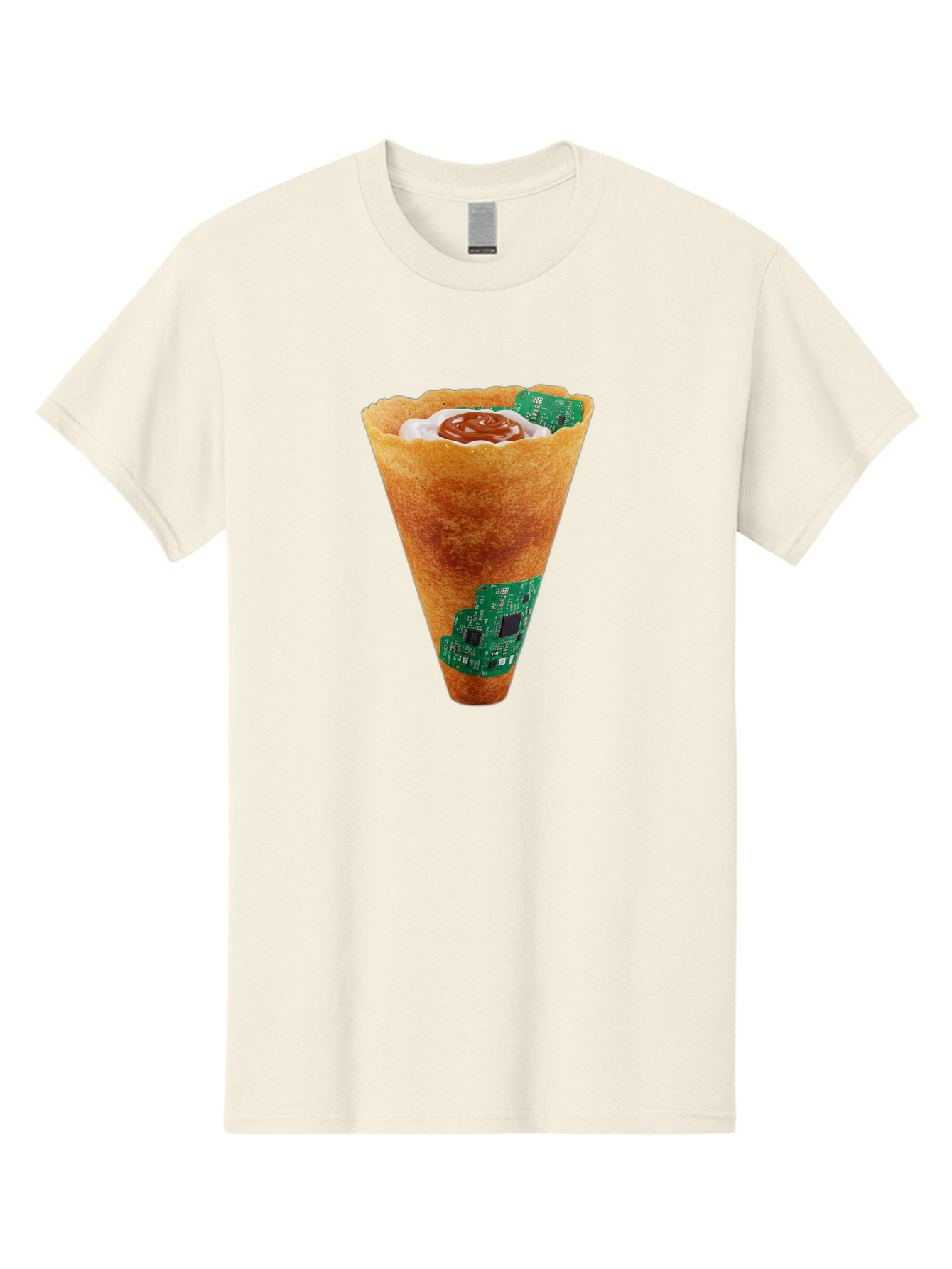 Crepe-Cone-With-Circuit-Board Men'S Graphic Tee, 100% Cotton, Comfortable Casual Summer Wear, Machine Washable, Crepe Cone, Circuit Board Design, Tech-Inspired Dessert, Sweet And Savory Mix, Innovative Food, Futuristic Cuisine, Dessert Art, Baa414