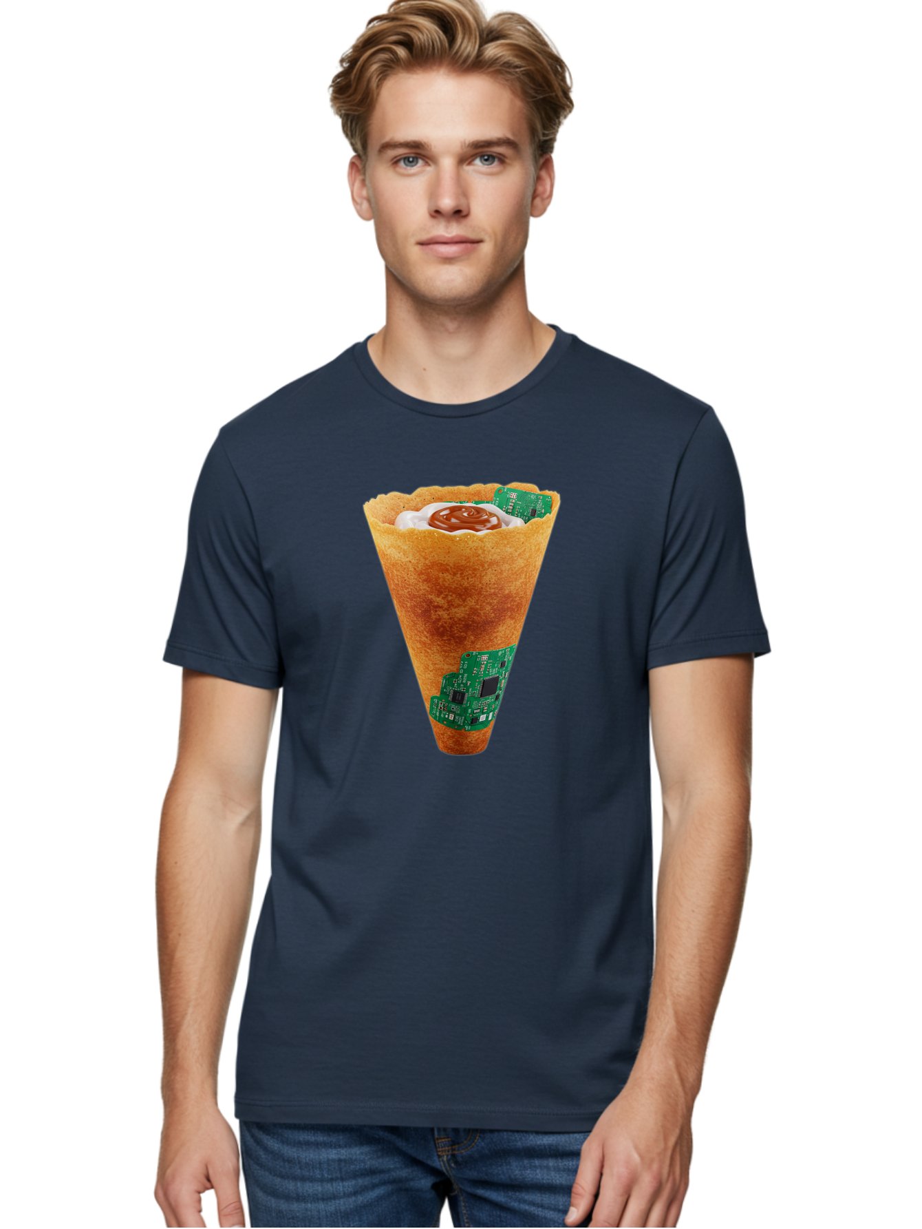 Crepe-Cone-With-Circuit-Board Men'S Graphic Tee, 100% Cotton, Comfortable Casual Summer Wear, Machine Washable, Crepe Cone, Circuit Board Design, Tech-Inspired Dessert, Sweet And Savory Mix, Innovative Food, Futuristic Cuisine, Dessert Art, Baa414