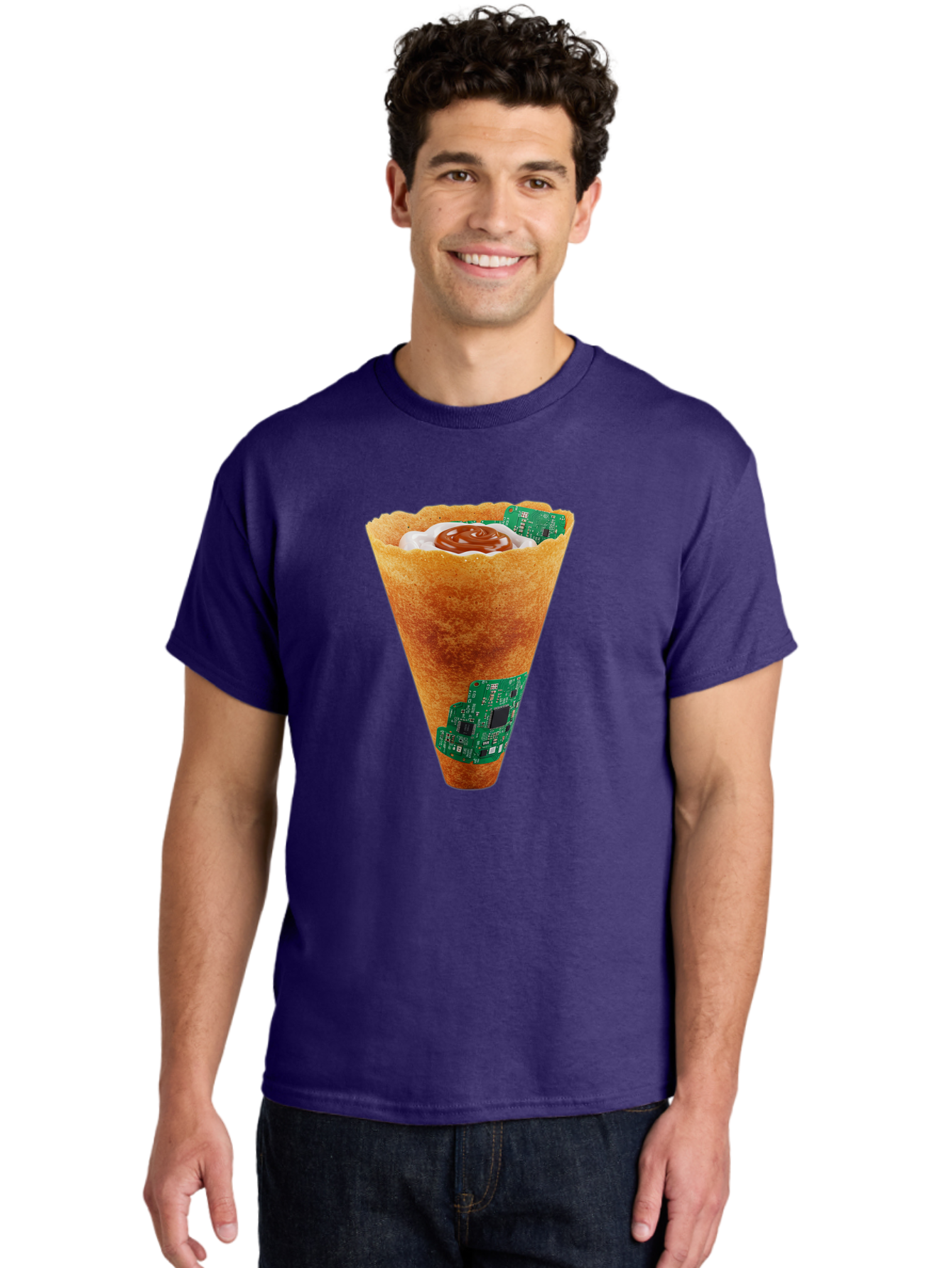 Crepe-Cone-With-Circuit-Board Men'S Graphic Tee, 100% Cotton, Comfortable Casual Summer Wear, Machine Washable, Crepe Cone, Circuit Board Design, Tech-Inspired Dessert, Sweet And Savory Mix, Innovative Food, Futuristic Cuisine, Dessert Art, Baa414