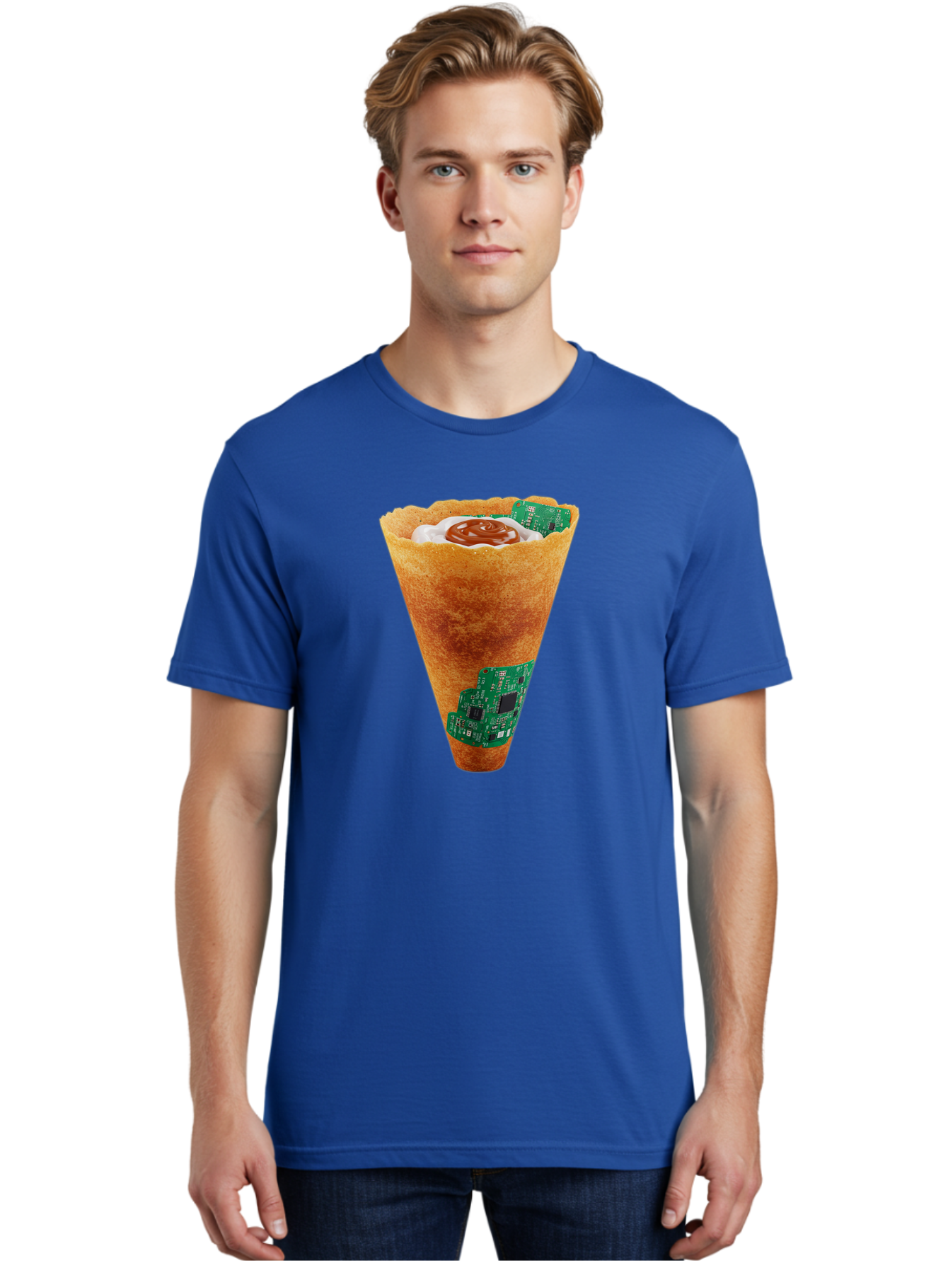 Crepe-Cone-With-Circuit-Board Men'S Graphic Tee, 100% Cotton, Comfortable Casual Summer Wear, Machine Washable, Crepe Cone, Circuit Board Design, Tech-Inspired Dessert, Sweet And Savory Mix, Innovative Food, Futuristic Cuisine, Dessert Art, Baa414