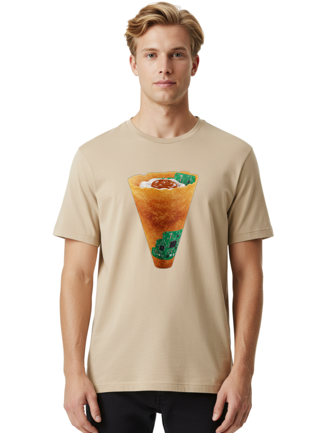Crepe-Cone-With-Circuit-Board Men'S Graphic Tee, 100% Cotton, Comfortable Casual Summer Wear, Machine Washable, Crepe Cone, Circuit Board Design, Tech-Inspired Dessert, Sweet And Savory Mix, Innovative Food, Futuristic Cuisine, Dessert Art, Baa414