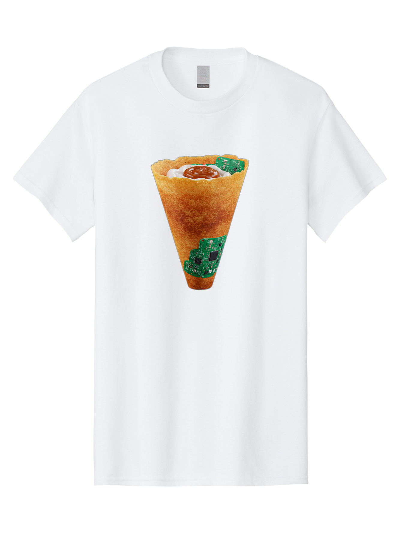 Crepe-Cone-With-Circuit-Board Men'S Graphic Tee, 100% Cotton, Comfortable Casual Summer Wear, Machine Washable, Crepe Cone, Circuit Board Design, Tech-Inspired Dessert, Sweet And Savory Mix, Innovative Food, Futuristic Cuisine, Dessert Art, Baa414