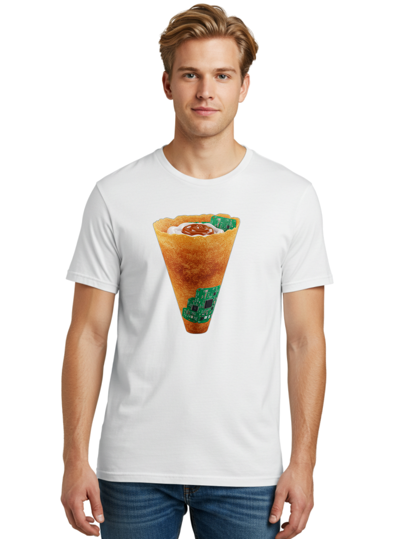 Crepe-Cone-With-Circuit-Board Men'S Graphic Tee, 100% Cotton, Comfortable Casual Summer Wear, Machine Washable, Crepe Cone, Circuit Board Design, Tech-Inspired Dessert, Sweet And Savory Mix, Innovative Food, Futuristic Cuisine, Dessert Art, Baa414