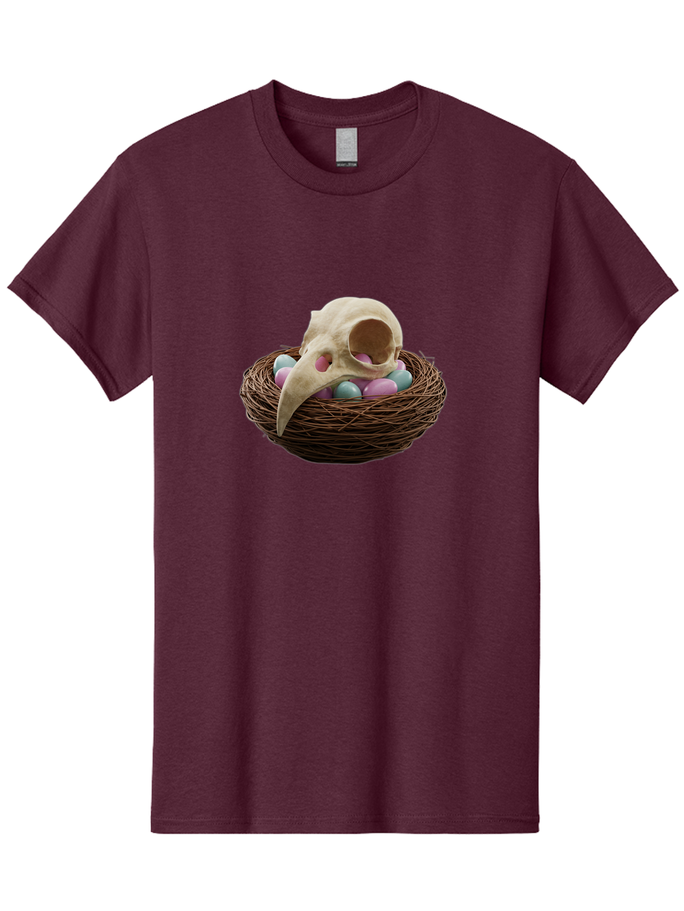 Crow-Skull-In-Nest Men'S Graphic Tee, 100% Cotton, Comfortable Casual Summer Wear, Machine Washable, Bird Skull In Nest, Pastel Eggs, Nest With Eggs, Bird Nest, Unusual Art, Surrealism, Quirky Decor, Unique Design, Bird Skull Art, Baa419