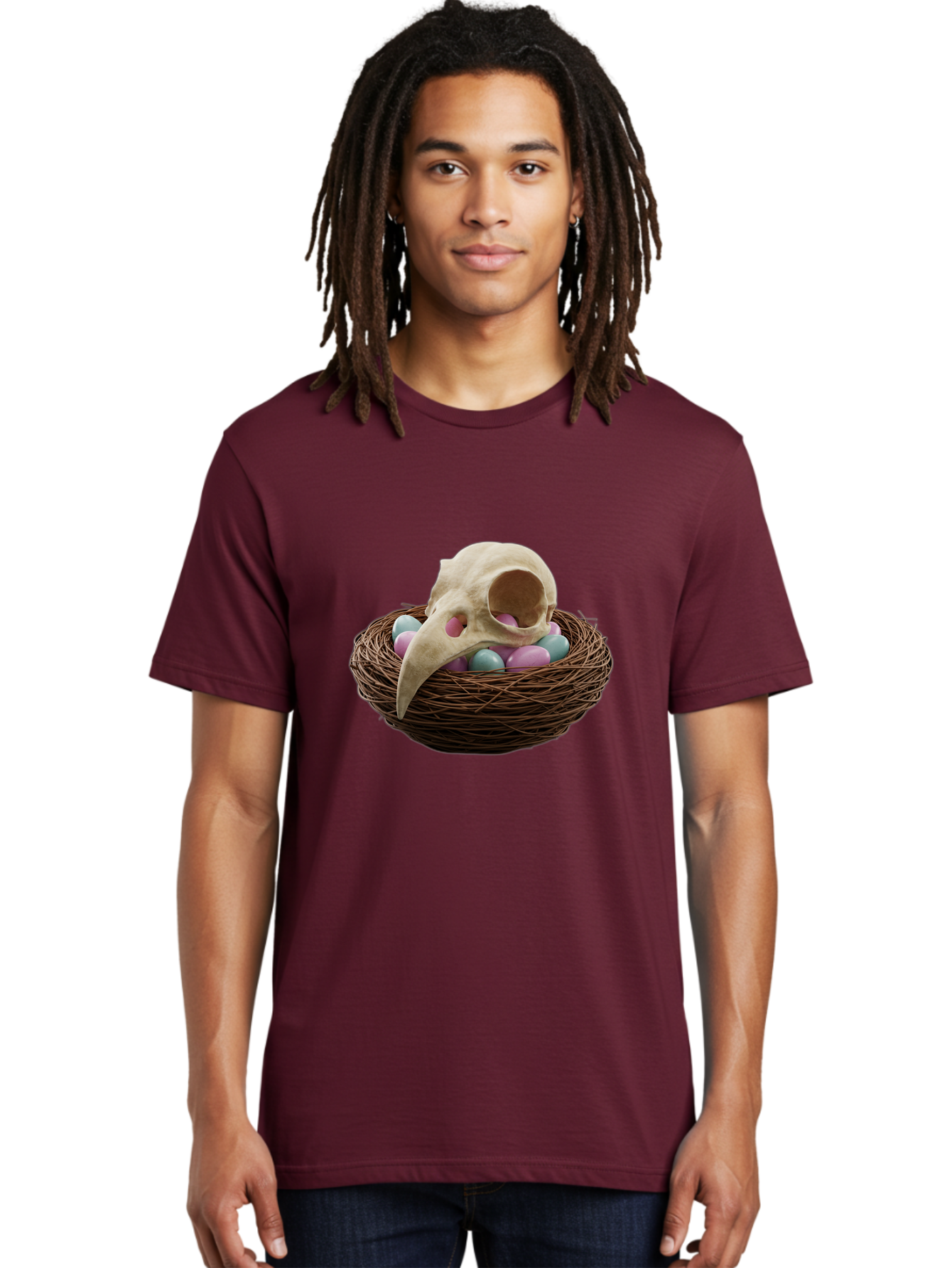 Crow-Skull-In-Nest Men'S Graphic Tee, 100% Cotton, Comfortable Casual Summer Wear, Machine Washable, Bird Skull In Nest, Pastel Eggs, Nest With Eggs, Bird Nest, Unusual Art, Surrealism, Quirky Decor, Unique Design, Bird Skull Art, Baa419