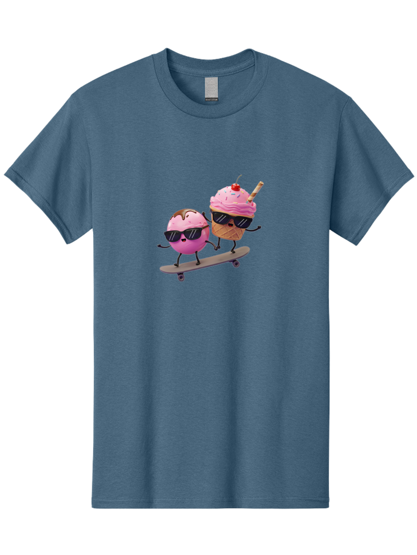 Cupcake-And-Ice-Cream Men'S Graphic Tee, 100% Cotton, Comfortable Casual Summer Wear, Machine Washable, Funny Cartoon Characters, Ice Cream Cone, Cupcake, Skateboarding, Sunglasses, Colorful Treats, Sweet Delights, Playful, Whimsical Baa423
