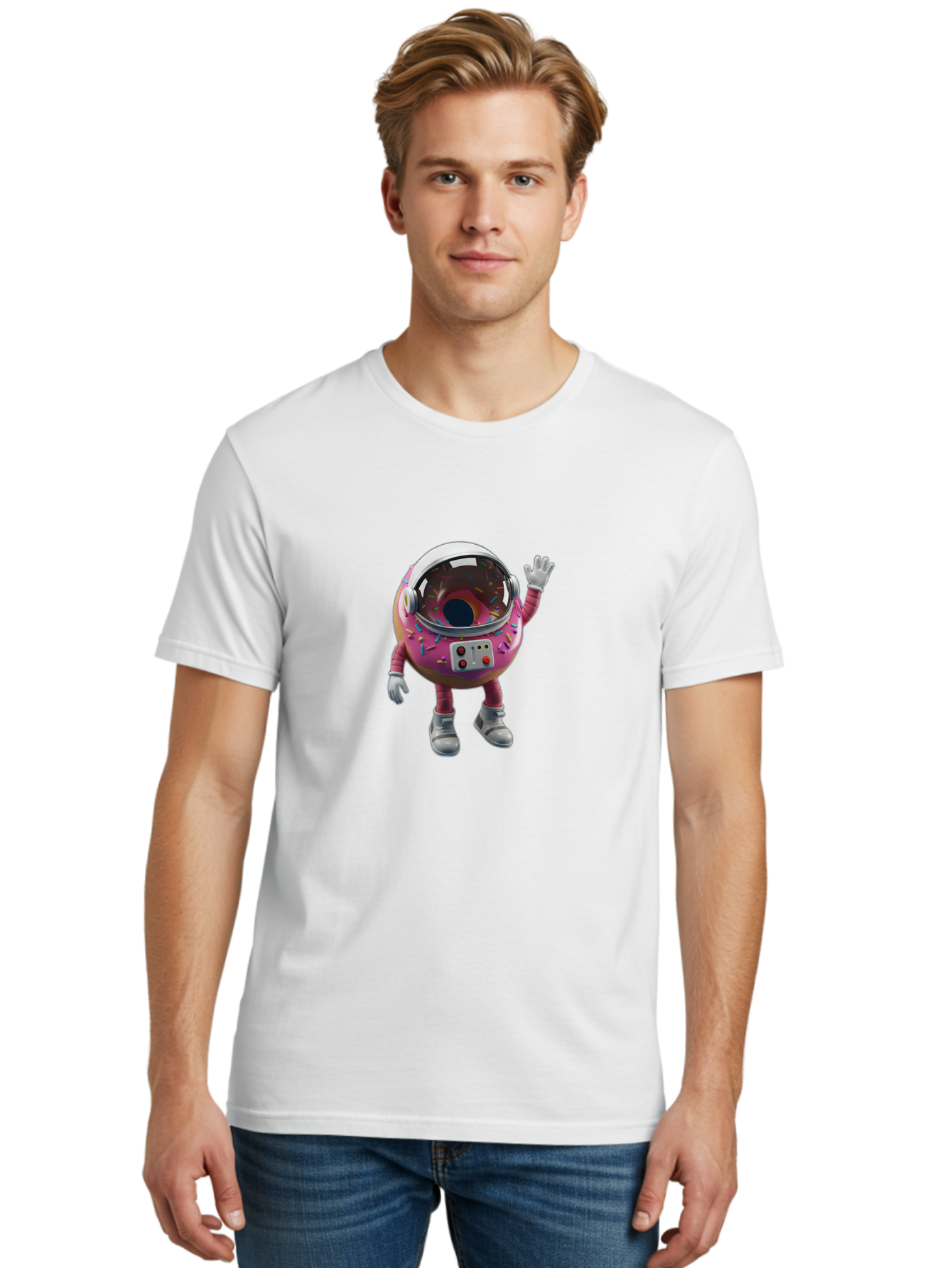 Cupcake-Astronaut Men'S Graphic Tee, 100% Cotton, Comfortable Casual Summer Wear, Machine Washable, Pink Donut Astronaut, Donut Character, Astronaut Costume, Sprinkles Decoration, Futuristic Space Suit, Hello Gesture, Donut Themed, Baa424