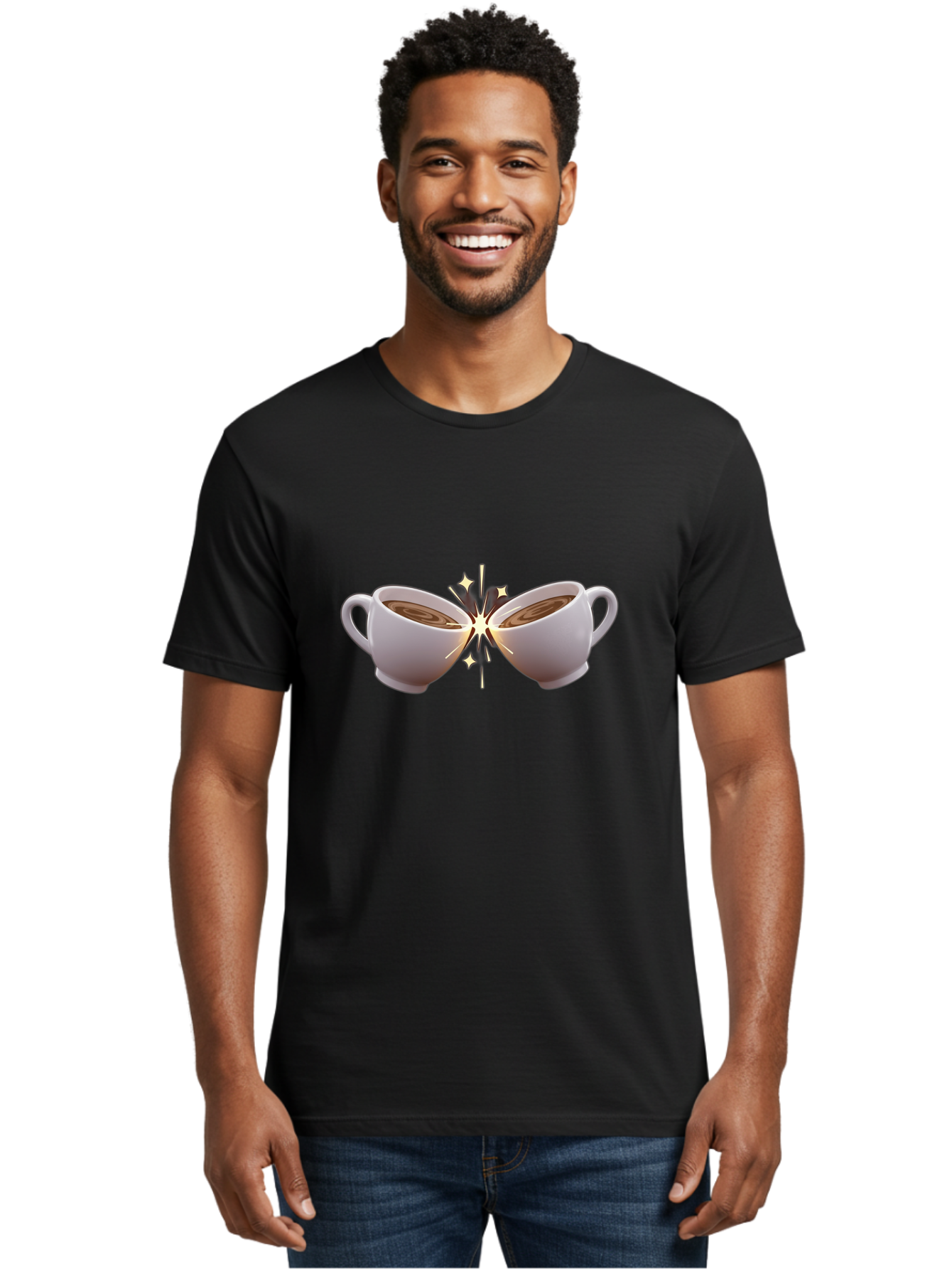Cups-Cheering Men'S Graphic Tee, 100% Cotton, Comfortable Casual Summer Wear, Machine Washable, Coffee Cups Clinking, Frothy Coffee, Warm Beverage, Social Gathering, Friendship, Toast, Celebration, Coffee Culture, Caffeine Baa426