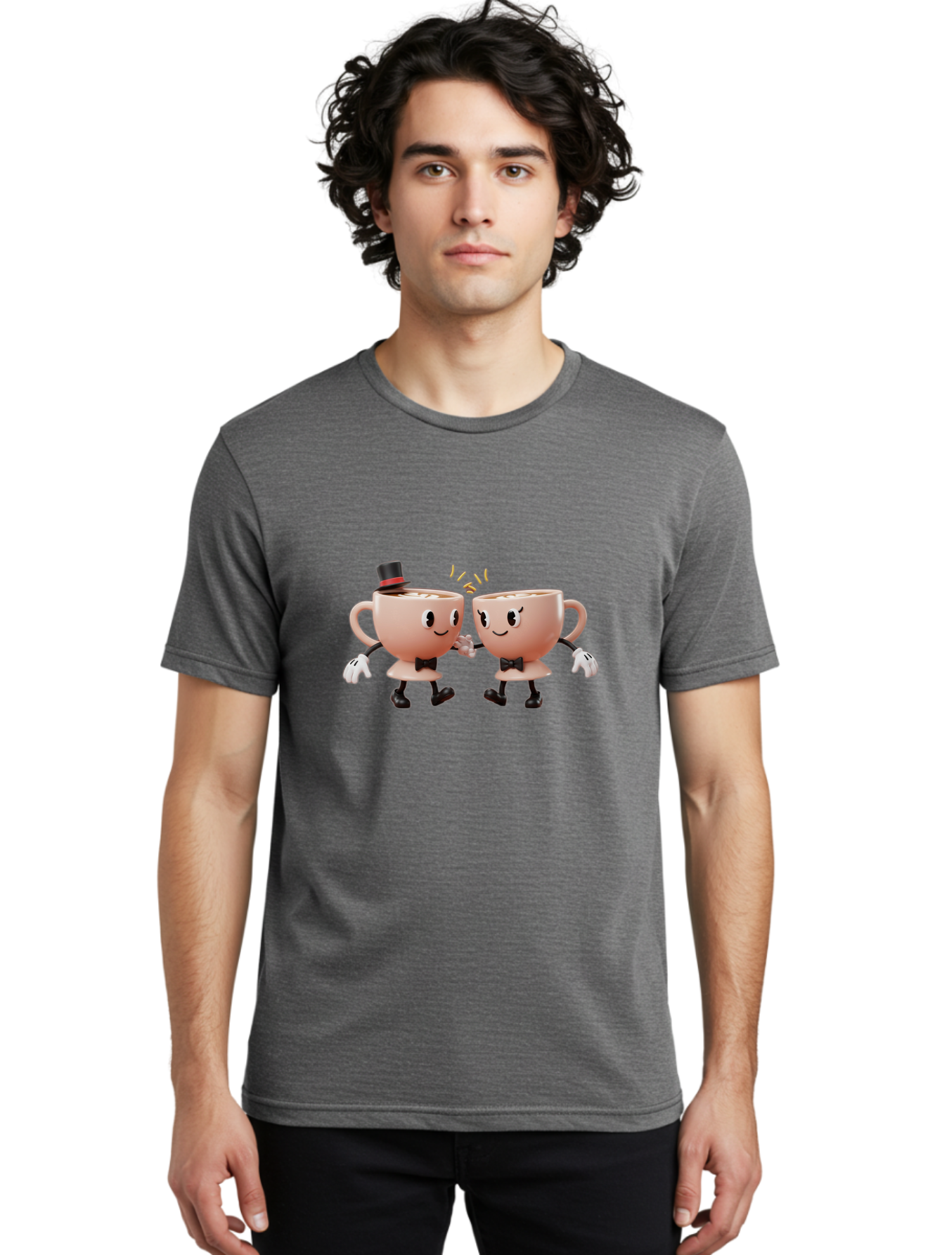 Cups-Dancing Men'S Graphic Tee, 100% Cotton, Comfortable Casual Summer Wear, Machine Washable, Anthropomorphic Tea Cups, Tea Party, Whimsical Characters, Charming Accessories, Top Hat, Bow Tie, Friendship, Illustration, Cartoon Style, Winking Baa427