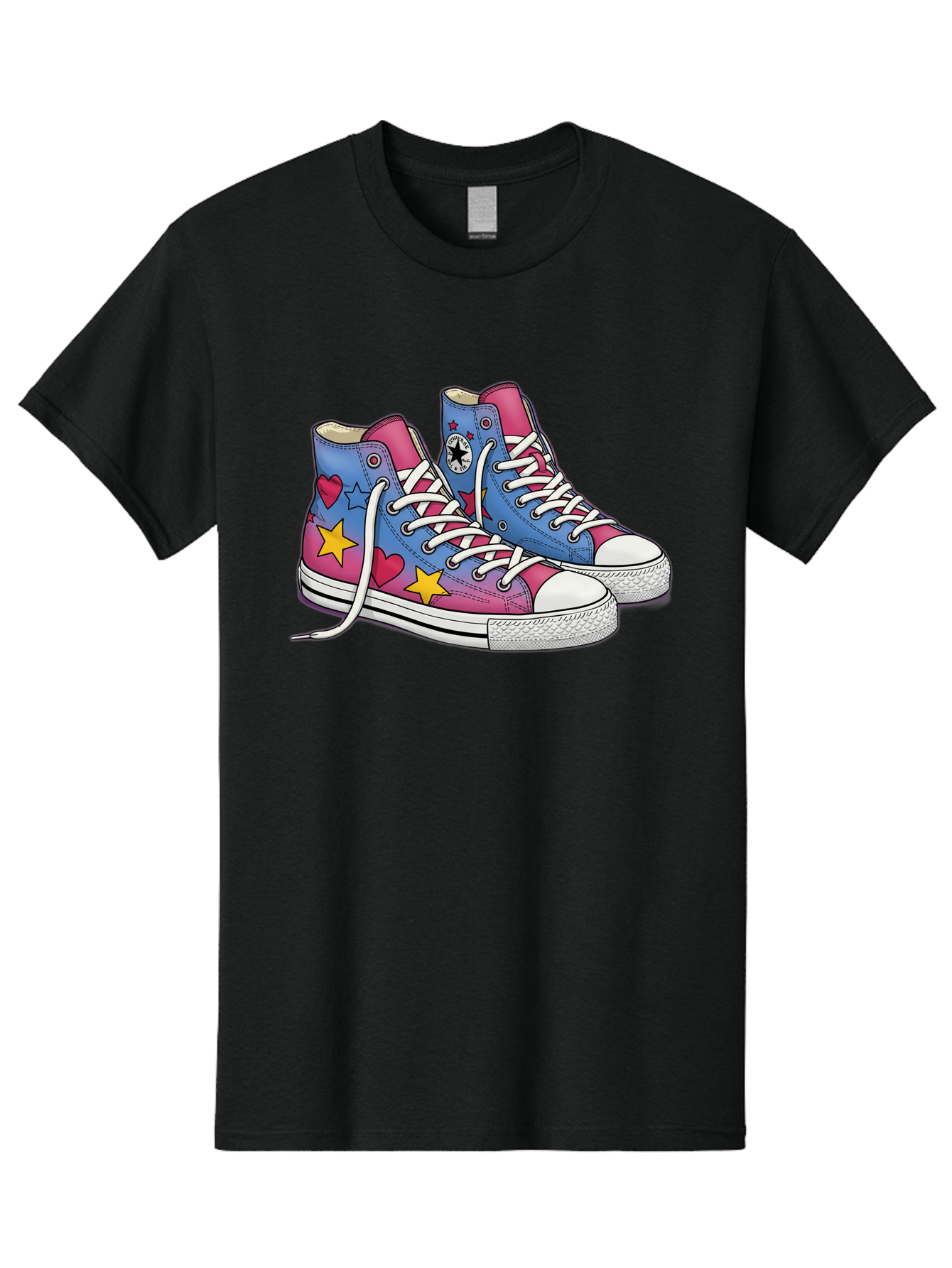Custom-Converse Men'S Graphic Tee, 100% Cotton, Comfortable Casual Summer Wear, Machine Washable, Converse Shoes, High-Top Sneakers, Star And Heart Designs, Colorful Shoes, White Laces, Cartoon Style, Fashion Footwear, Custom Converse Baa429