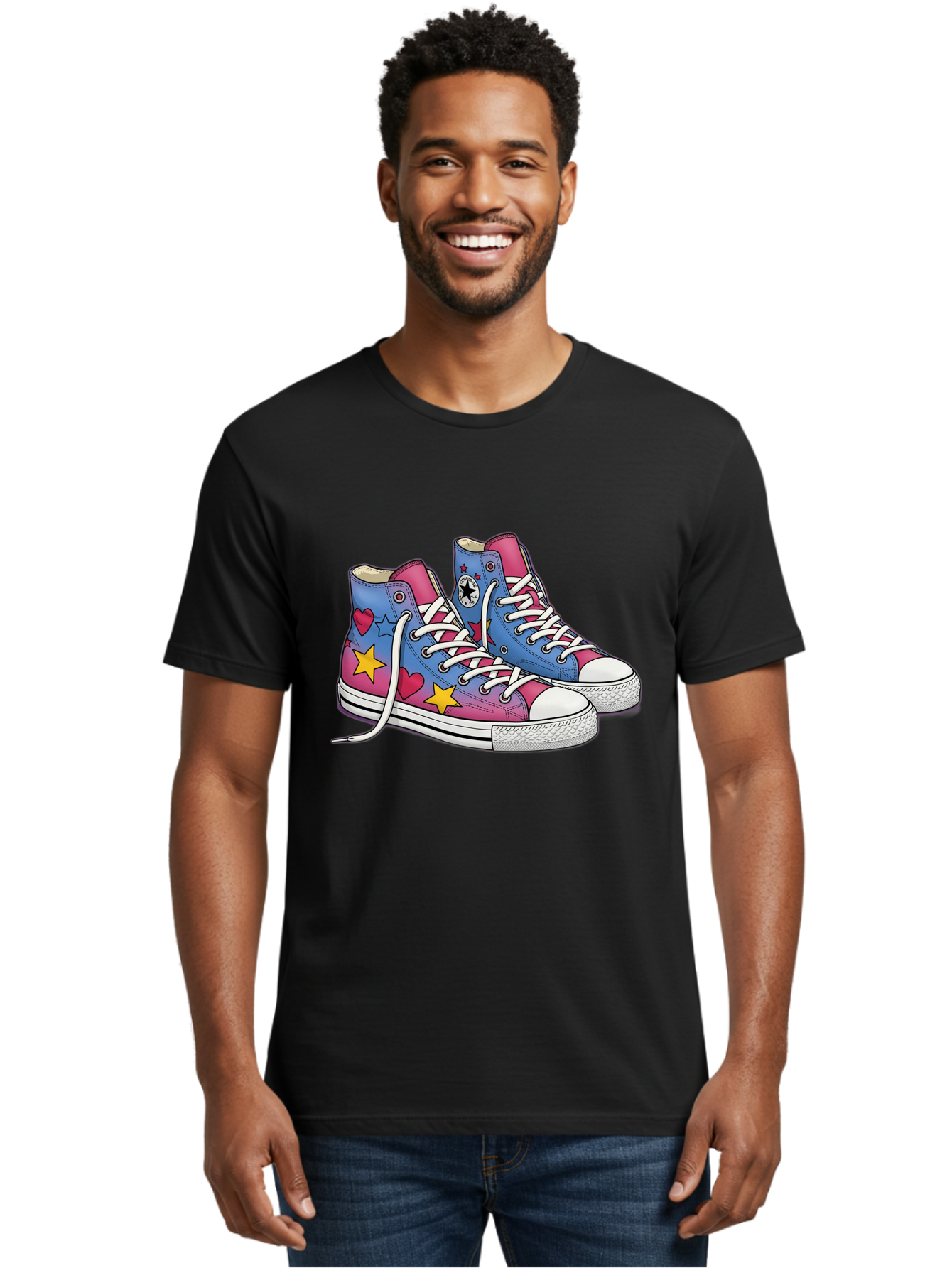 Custom-Converse Men'S Graphic Tee, 100% Cotton, Comfortable Casual Summer Wear, Machine Washable, Converse Shoes, High-Top Sneakers, Star And Heart Designs, Colorful Shoes, White Laces, Cartoon Style, Fashion Footwear, Custom Converse Baa429