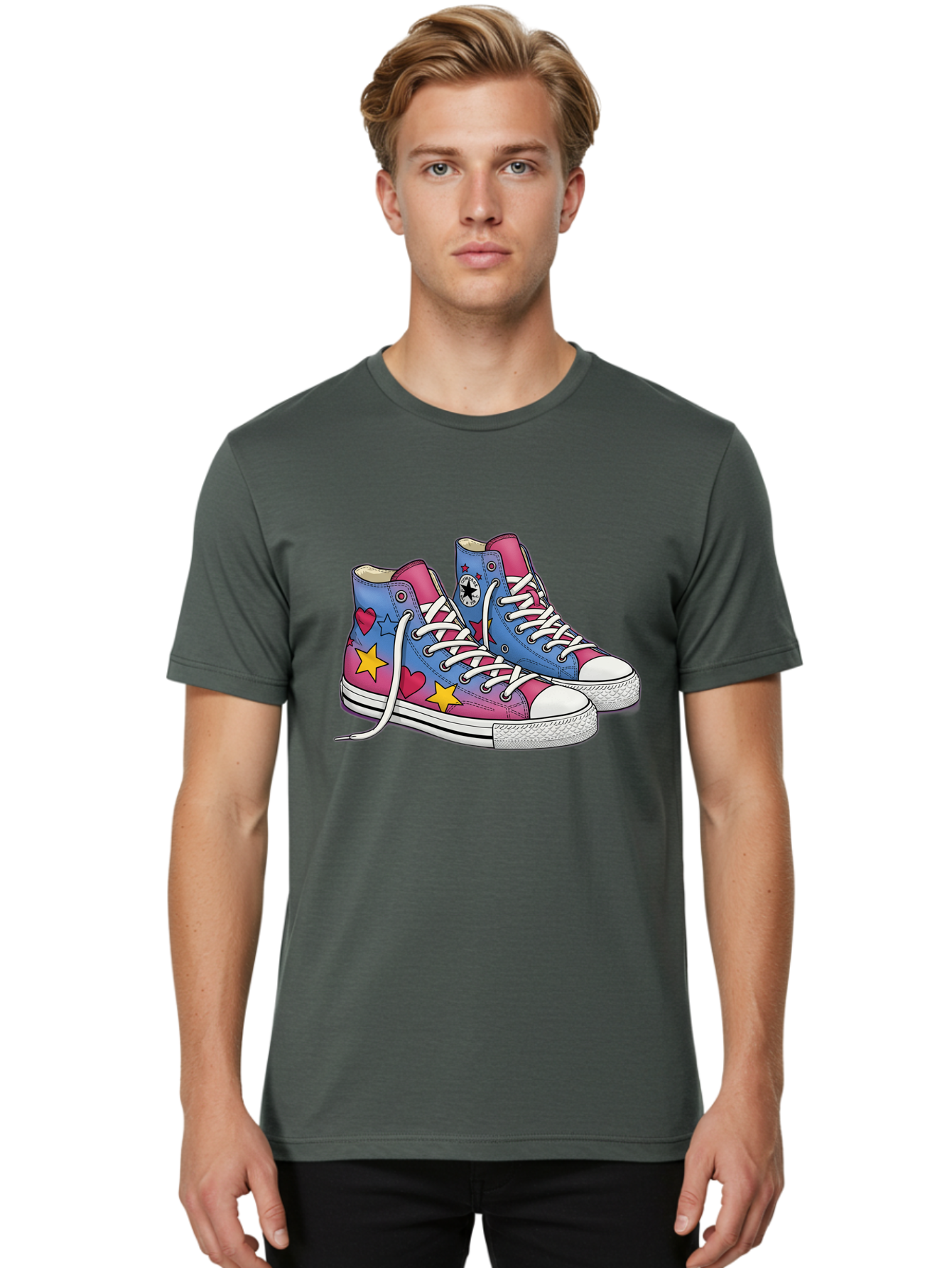 Custom-Converse Men'S Graphic Tee, 100% Cotton, Comfortable Casual Summer Wear, Machine Washable, Converse Shoes, High-Top Sneakers, Star And Heart Designs, Colorful Shoes, White Laces, Cartoon Style, Fashion Footwear, Custom Converse Baa429