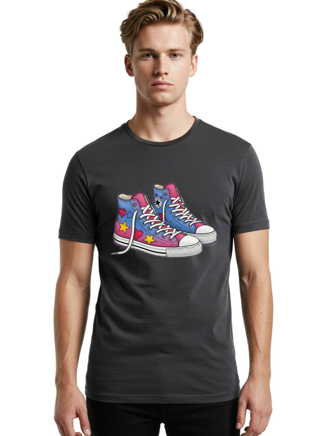 Custom-Converse Men'S Graphic Tee, 100% Cotton, Comfortable Casual Summer Wear, Machine Washable, Converse Shoes, High-Top Sneakers, Star And Heart Designs, Colorful Shoes, White Laces, Cartoon Style, Fashion Footwear, Custom Converse Baa429