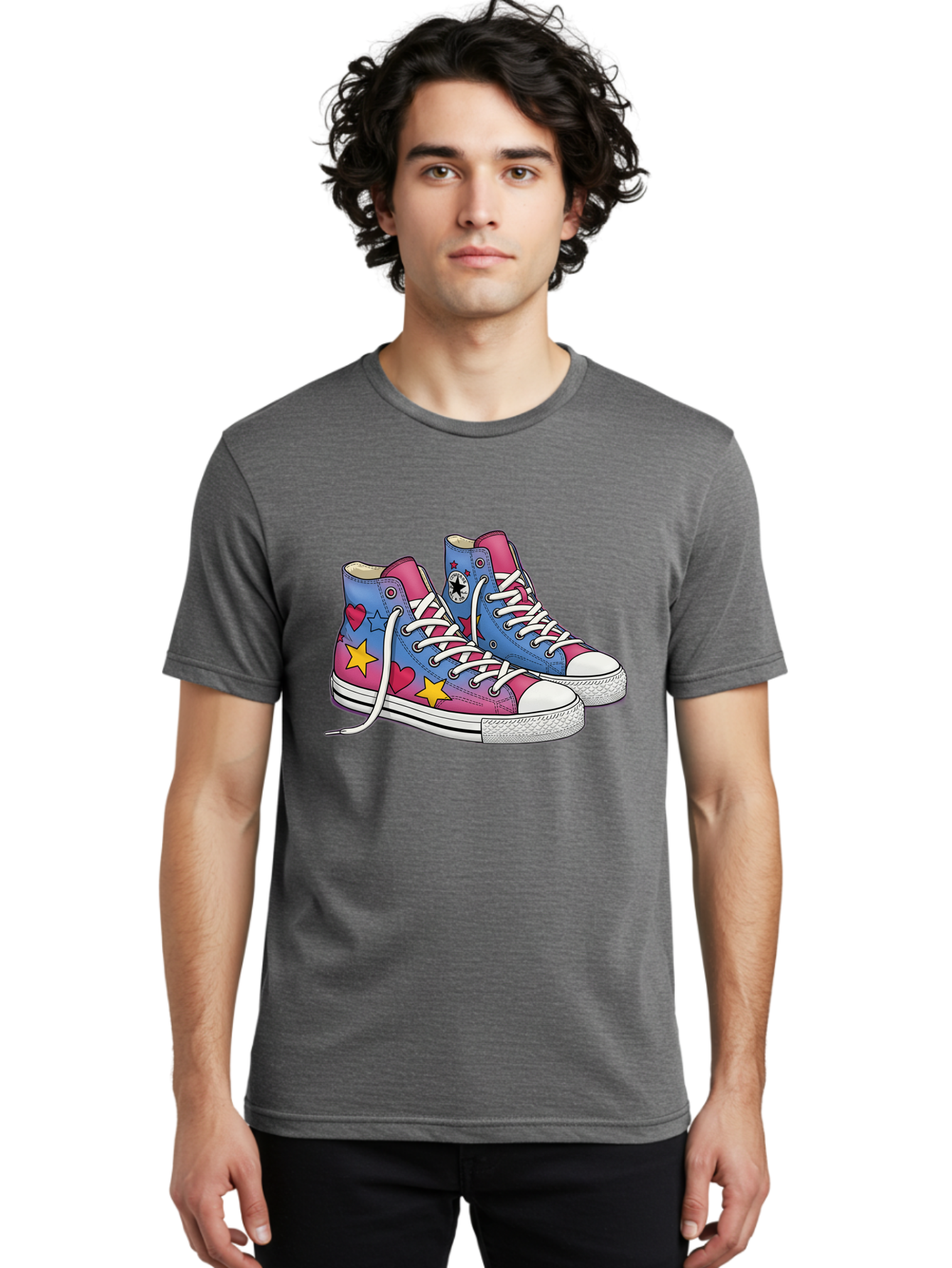 Custom-Converse Men'S Graphic Tee, 100% Cotton, Comfortable Casual Summer Wear, Machine Washable, Converse Shoes, High-Top Sneakers, Star And Heart Designs, Colorful Shoes, White Laces, Cartoon Style, Fashion Footwear, Custom Converse Baa429
