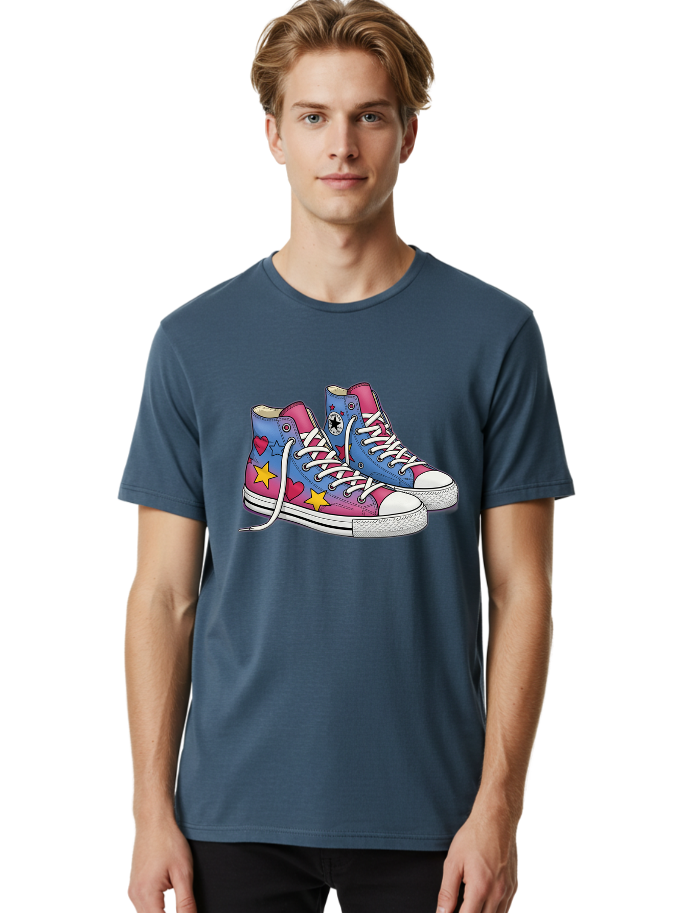 Custom-Converse Men'S Graphic Tee, 100% Cotton, Comfortable Casual Summer Wear, Machine Washable, Converse Shoes, High-Top Sneakers, Star And Heart Designs, Colorful Shoes, White Laces, Cartoon Style, Fashion Footwear, Custom Converse Baa429