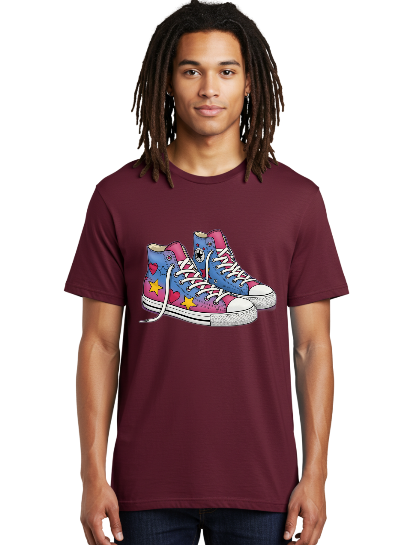 Custom-Converse Men'S Graphic Tee, 100% Cotton, Comfortable Casual Summer Wear, Machine Washable, Converse Shoes, High-Top Sneakers, Star And Heart Designs, Colorful Shoes, White Laces, Cartoon Style, Fashion Footwear, Custom Converse Baa429