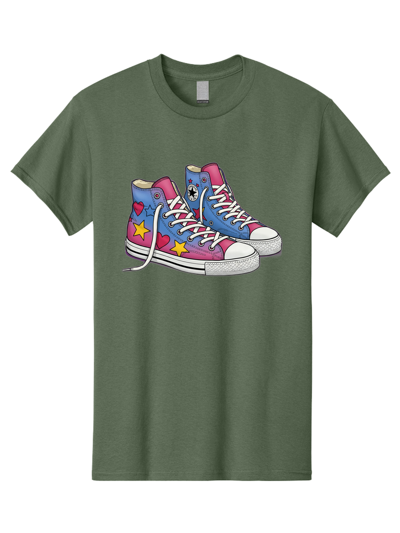 Custom-Converse Men'S Graphic Tee, 100% Cotton, Comfortable Casual Summer Wear, Machine Washable, Converse Shoes, High-Top Sneakers, Star And Heart Designs, Colorful Shoes, White Laces, Cartoon Style, Fashion Footwear, Custom Converse Baa429