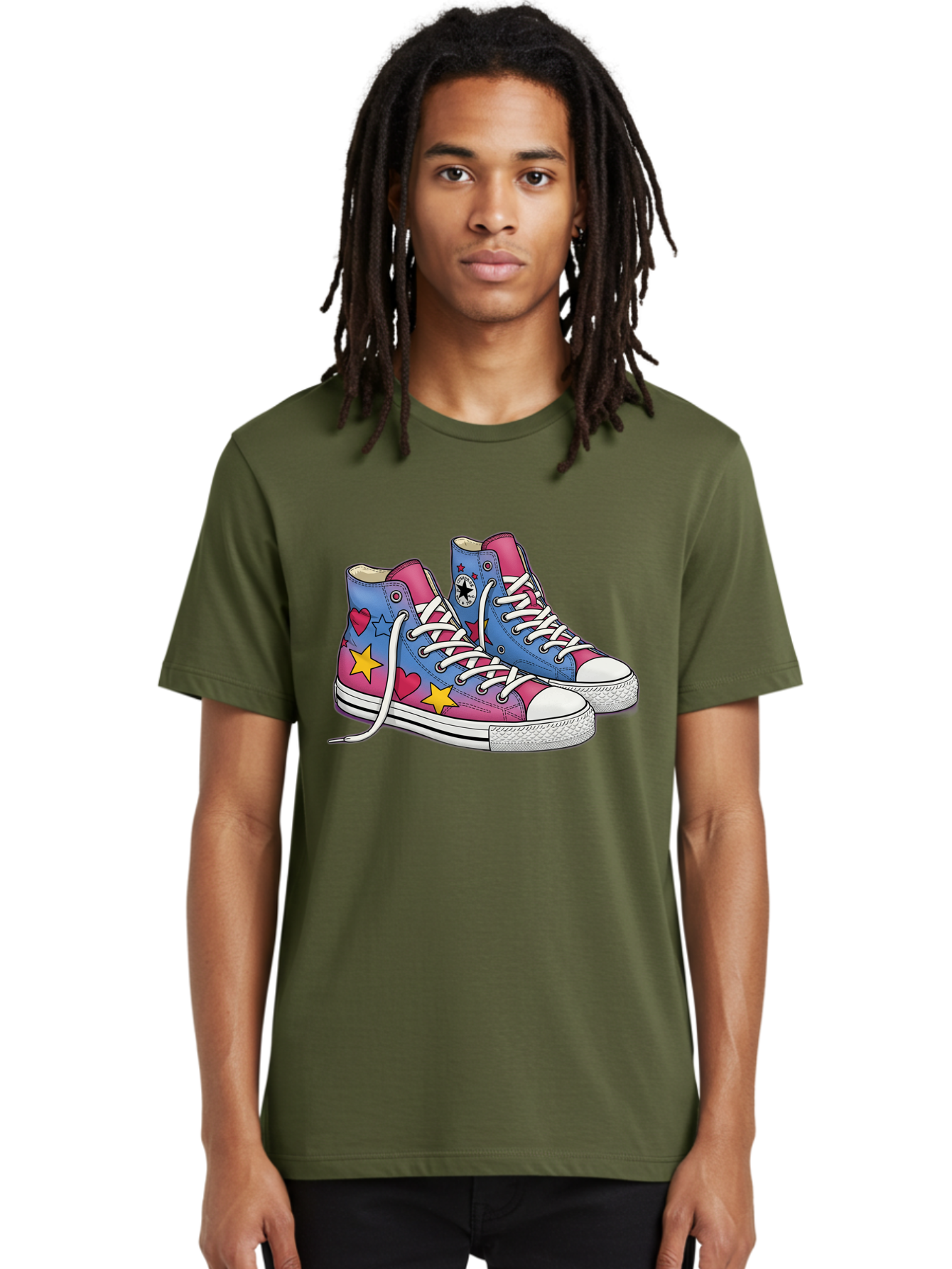 Custom-Converse Men'S Graphic Tee, 100% Cotton, Comfortable Casual Summer Wear, Machine Washable, Converse Shoes, High-Top Sneakers, Star And Heart Designs, Colorful Shoes, White Laces, Cartoon Style, Fashion Footwear, Custom Converse Baa429