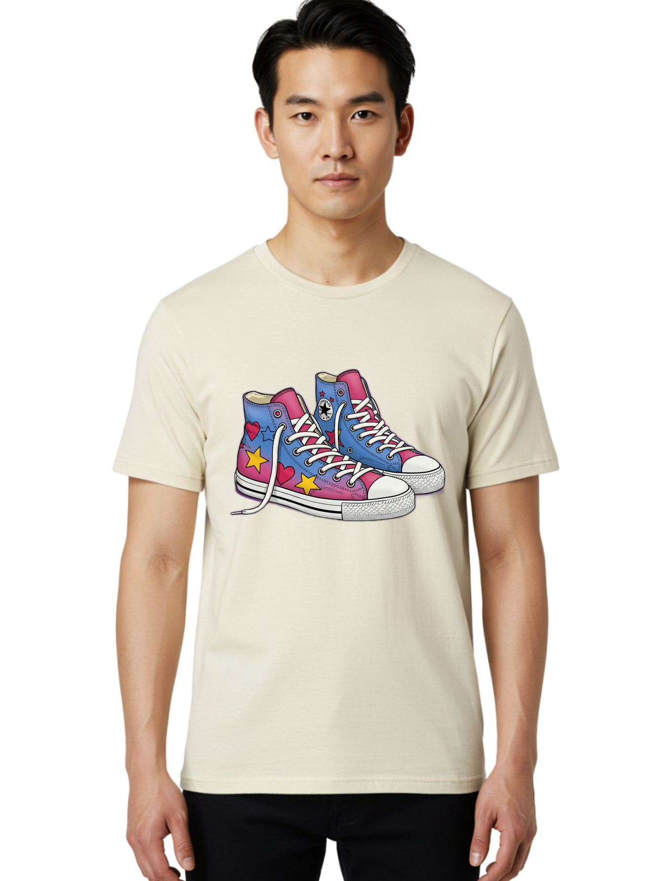 Custom-Converse Men'S Graphic Tee, 100% Cotton, Comfortable Casual Summer Wear, Machine Washable, Converse Shoes, High-Top Sneakers, Star And Heart Designs, Colorful Shoes, White Laces, Cartoon Style, Fashion Footwear, Custom Converse Baa429
