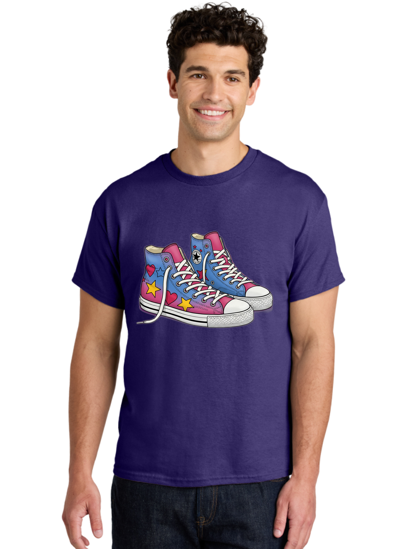 Custom-Converse Men'S Graphic Tee, 100% Cotton, Comfortable Casual Summer Wear, Machine Washable, Converse Shoes, High-Top Sneakers, Star And Heart Designs, Colorful Shoes, White Laces, Cartoon Style, Fashion Footwear, Custom Converse Baa429