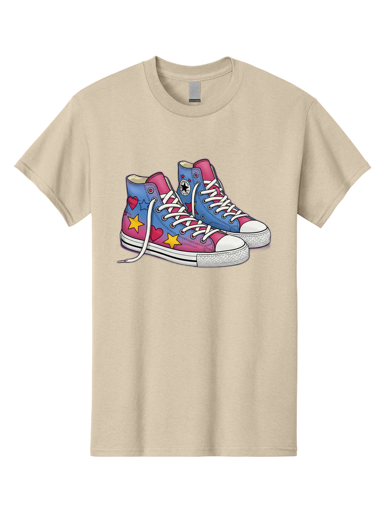Custom-Converse Men'S Graphic Tee, 100% Cotton, Comfortable Casual Summer Wear, Machine Washable, Converse Shoes, High-Top Sneakers, Star And Heart Designs, Colorful Shoes, White Laces, Cartoon Style, Fashion Footwear, Custom Converse Baa429