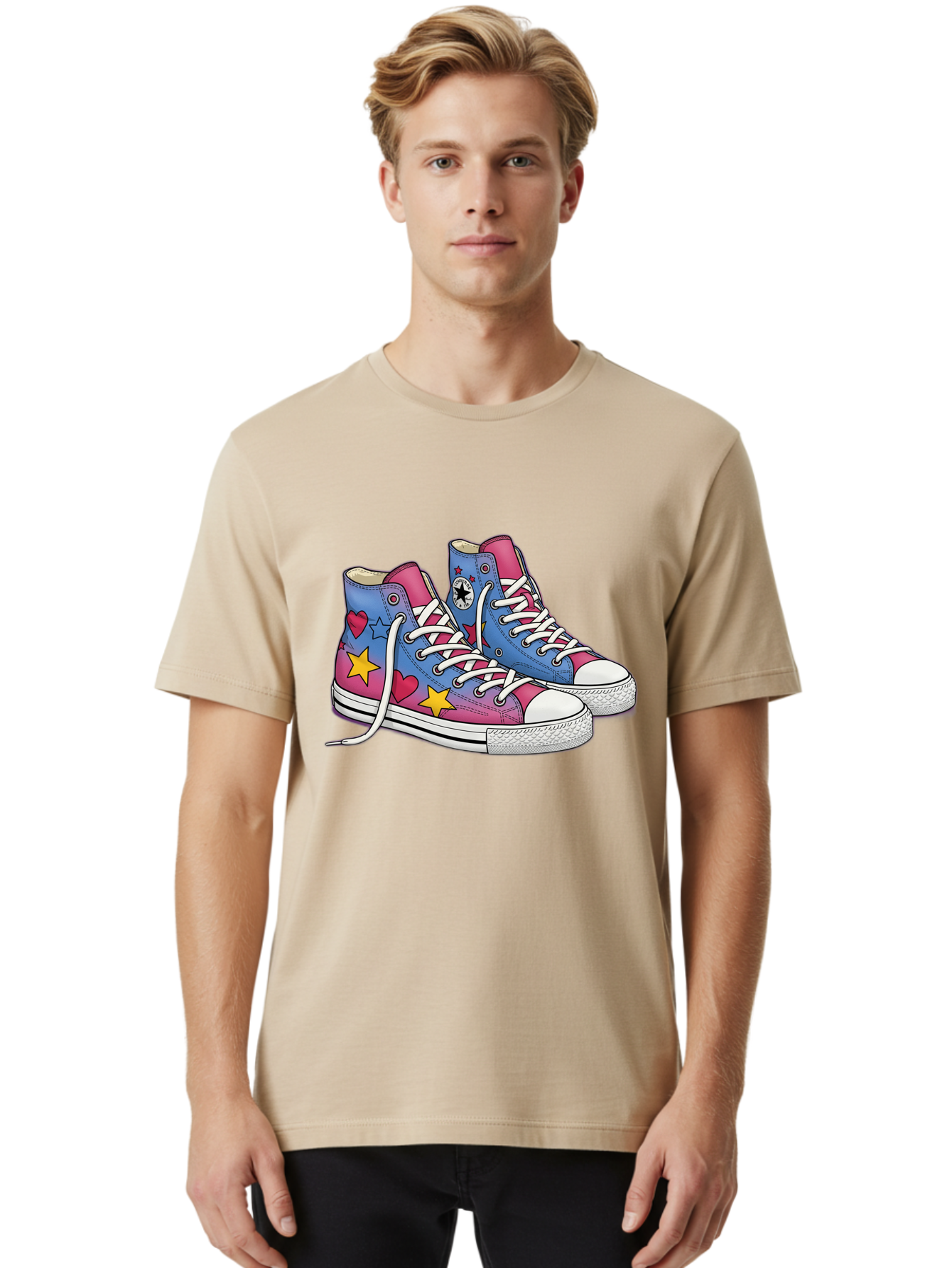 Custom-Converse Men'S Graphic Tee, 100% Cotton, Comfortable Casual Summer Wear, Machine Washable, Converse Shoes, High-Top Sneakers, Star And Heart Designs, Colorful Shoes, White Laces, Cartoon Style, Fashion Footwear, Custom Converse Baa429
