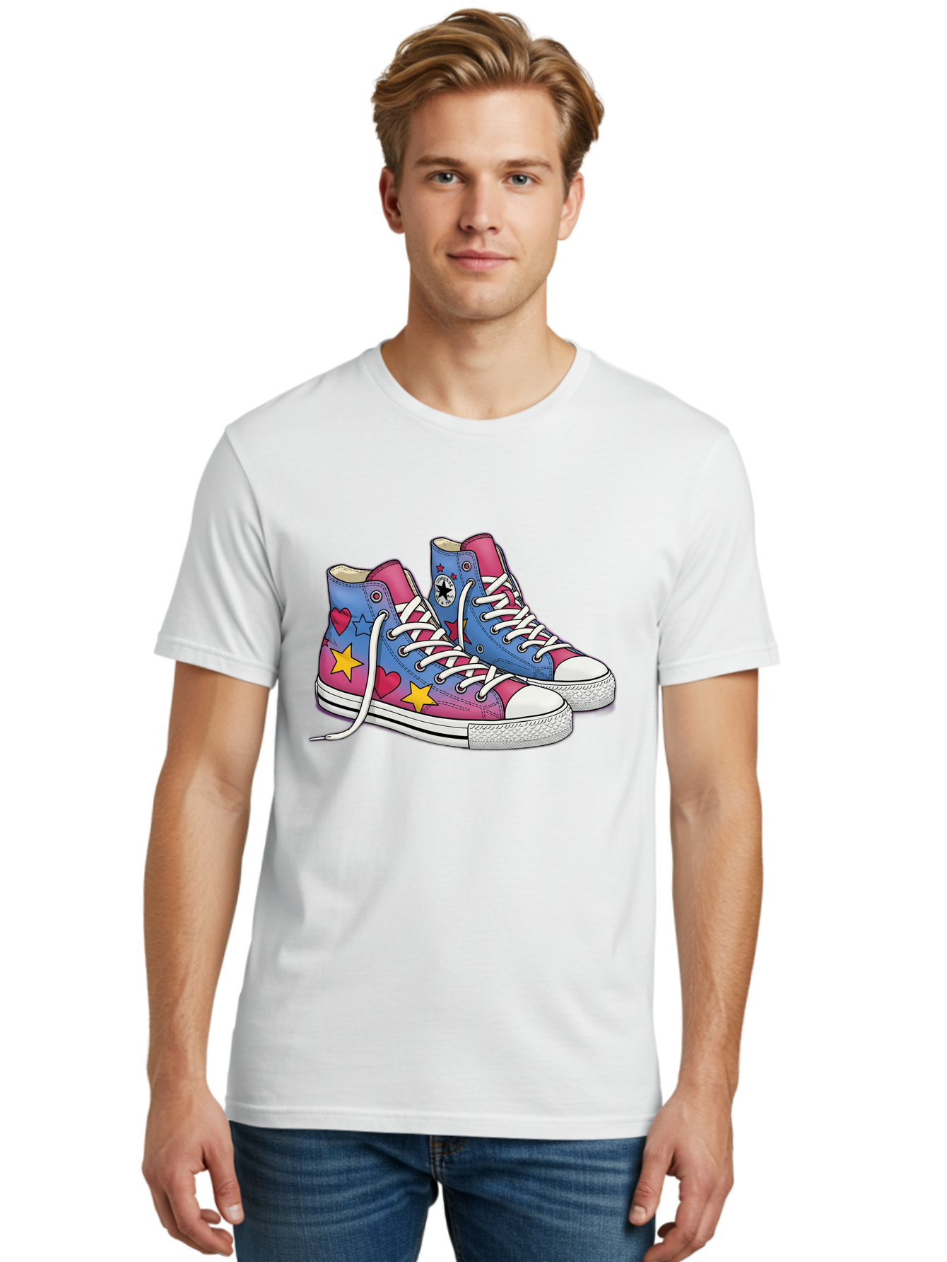 Custom-Converse Men'S Graphic Tee, 100% Cotton, Comfortable Casual Summer Wear, Machine Washable, Converse Shoes, High-Top Sneakers, Star And Heart Designs, Colorful Shoes, White Laces, Cartoon Style, Fashion Footwear, Custom Converse Baa429