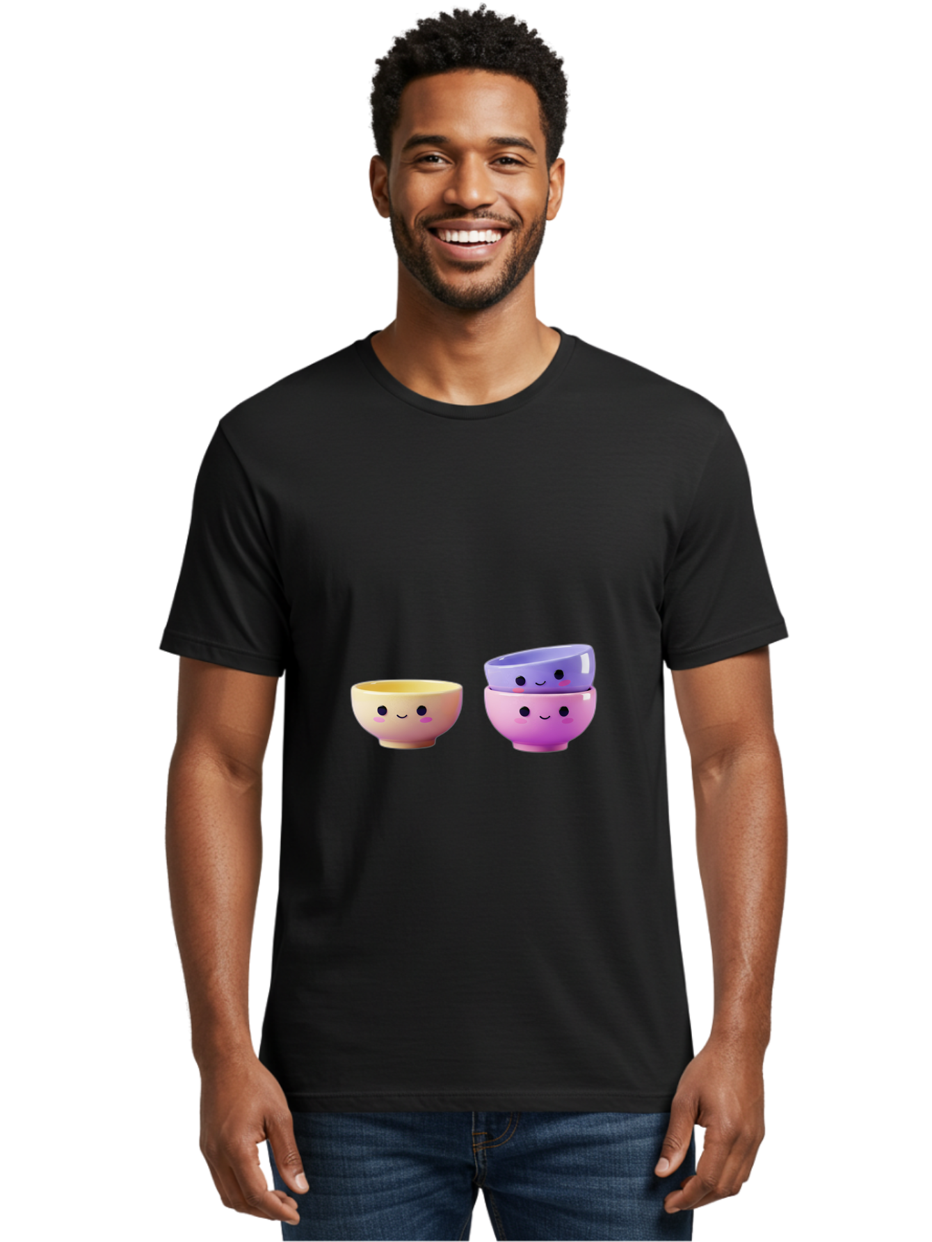 Cute-Bowls-1 Men'S Graphic Tee, 100% Cotton, Comfortable Casual Summer Wear, Machine Washable, Smiling Bowls, Colorful Bowls, Happy Kitchenware, Pastel Colors, Cute Tableware, Cartoon Bowls, Kitchen Decor, Adorable Ceramics, Playful Dishes, Baa430