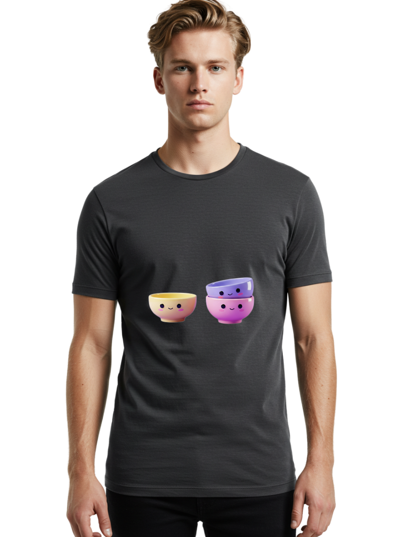 Cute-Bowls-1 Men'S Graphic Tee, 100% Cotton, Comfortable Casual Summer Wear, Machine Washable, Smiling Bowls, Colorful Bowls, Happy Kitchenware, Pastel Colors, Cute Tableware, Cartoon Bowls, Kitchen Decor, Adorable Ceramics, Playful Dishes, Baa430