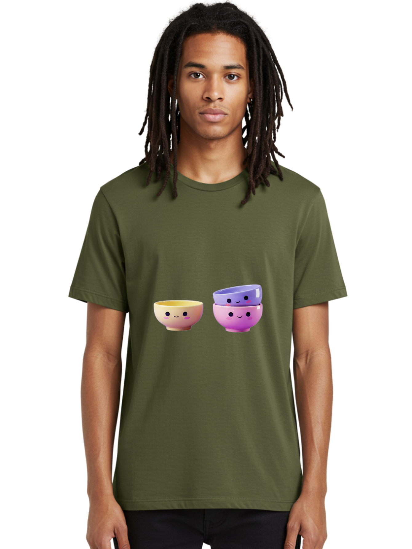 Cute-Bowls-1 Men'S Graphic Tee, 100% Cotton, Comfortable Casual Summer Wear, Machine Washable, Smiling Bowls, Colorful Bowls, Happy Kitchenware, Pastel Colors, Cute Tableware, Cartoon Bowls, Kitchen Decor, Adorable Ceramics, Playful Dishes, Baa430