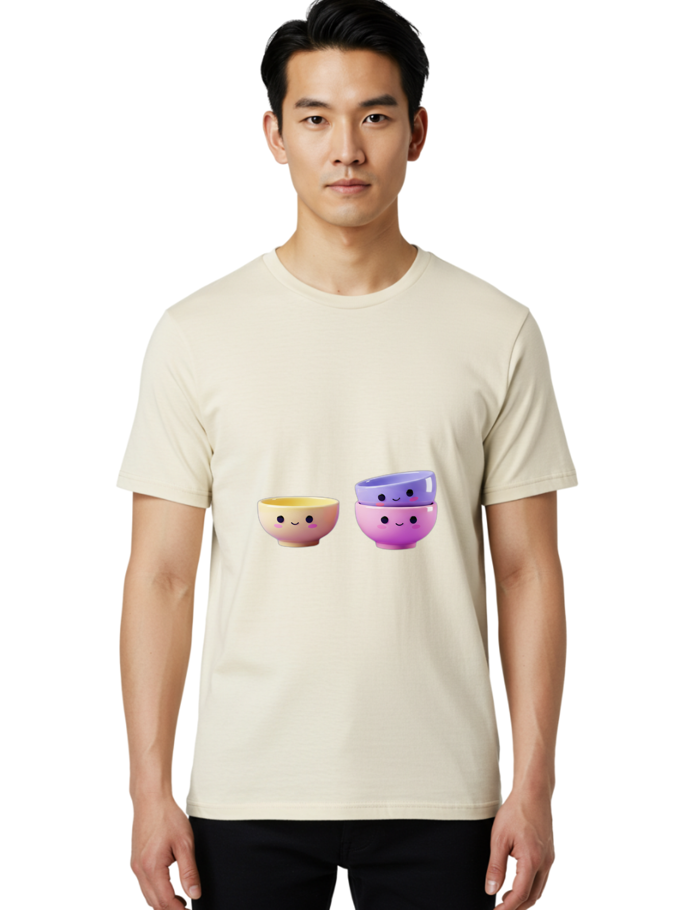 Cute-Bowls-1 Men'S Graphic Tee, 100% Cotton, Comfortable Casual Summer Wear, Machine Washable, Smiling Bowls, Colorful Bowls, Happy Kitchenware, Pastel Colors, Cute Tableware, Cartoon Bowls, Kitchen Decor, Adorable Ceramics, Playful Dishes, Baa430