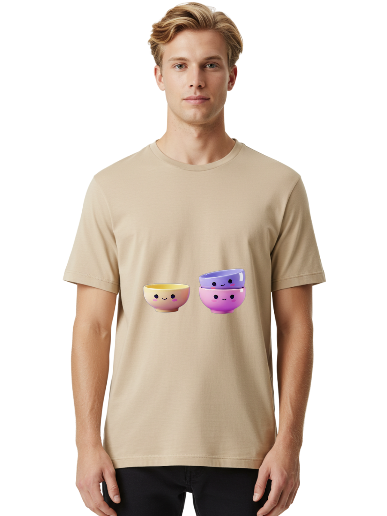 Cute-Bowls-1 Men'S Graphic Tee, 100% Cotton, Comfortable Casual Summer Wear, Machine Washable, Smiling Bowls, Colorful Bowls, Happy Kitchenware, Pastel Colors, Cute Tableware, Cartoon Bowls, Kitchen Decor, Adorable Ceramics, Playful Dishes, Baa430