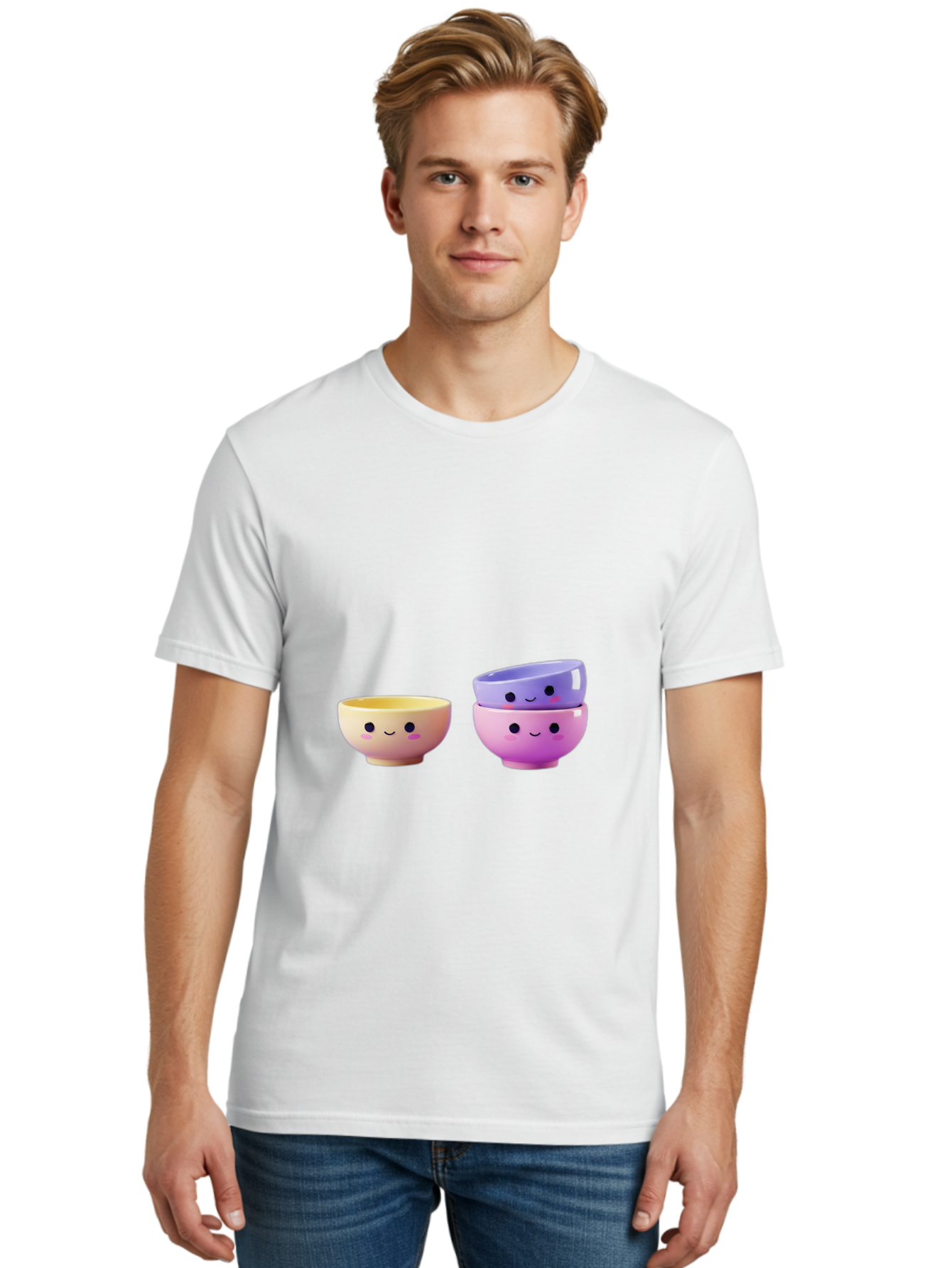 Cute-Bowls-1 Men'S Graphic Tee, 100% Cotton, Comfortable Casual Summer Wear, Machine Washable, Smiling Bowls, Colorful Bowls, Happy Kitchenware, Pastel Colors, Cute Tableware, Cartoon Bowls, Kitchen Decor, Adorable Ceramics, Playful Dishes, Baa430