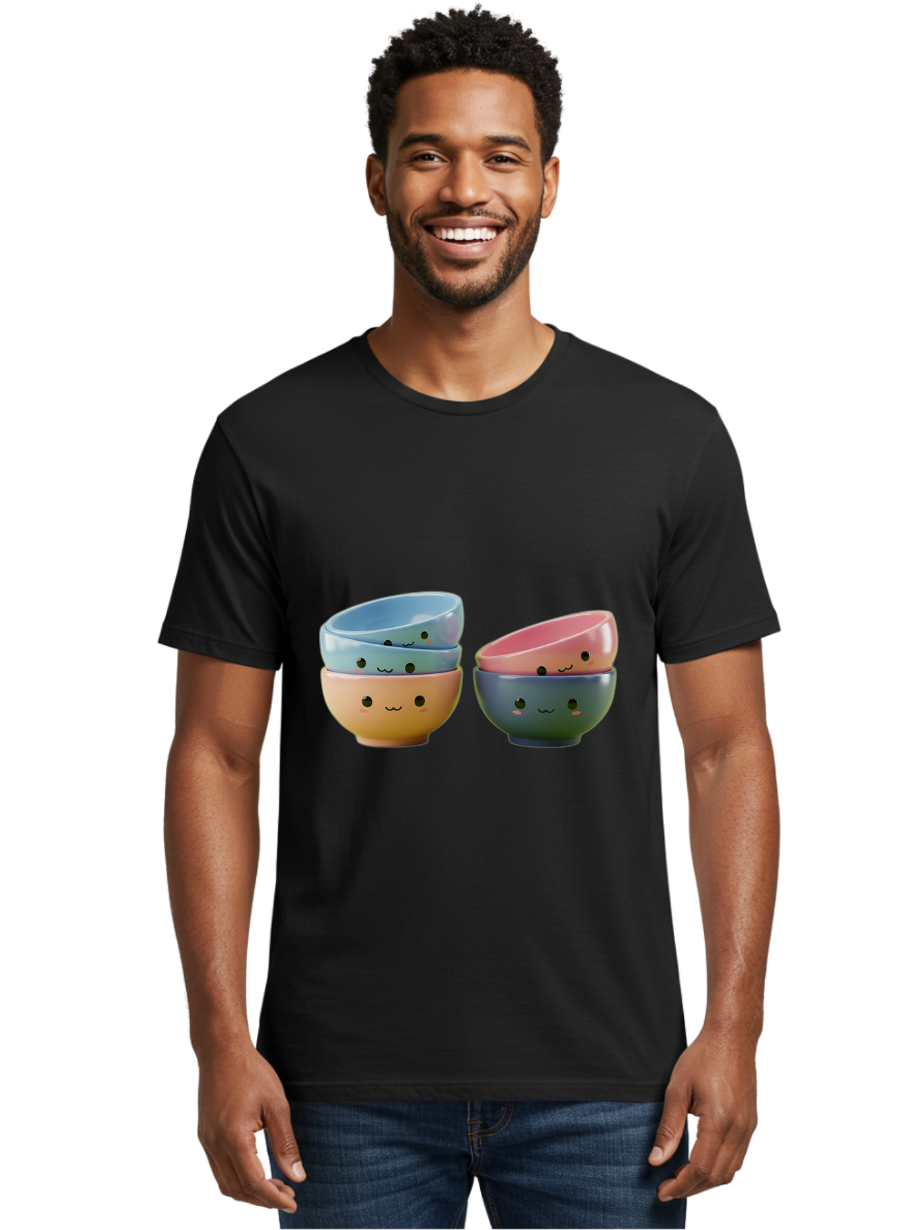 Cute-Bowls-2 Men'S Graphic Tee, 100% Cotton, Comfortable Casual Summer Wear, Machine Washable, Stacked Bowls, Ceramic Bowls, Cute Kitchenware, Adorable Faces, Colorful Tableware, Smiling Bowls, Pastel Colors, Kawaii Kitchen, Decorative Bowls, Baa431