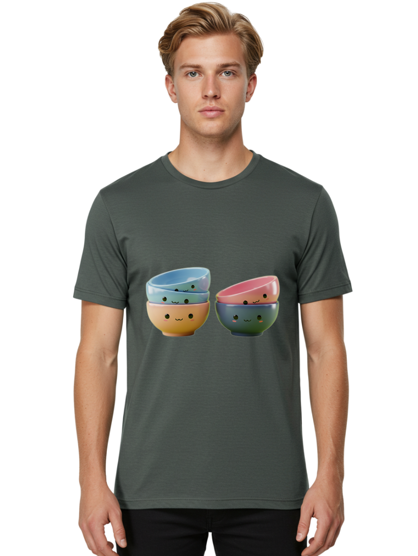 Cute-Bowls-2 Men'S Graphic Tee, 100% Cotton, Comfortable Casual Summer Wear, Machine Washable, Stacked Bowls, Ceramic Bowls, Cute Kitchenware, Adorable Faces, Colorful Tableware, Smiling Bowls, Pastel Colors, Kawaii Kitchen, Decorative Bowls, Baa431