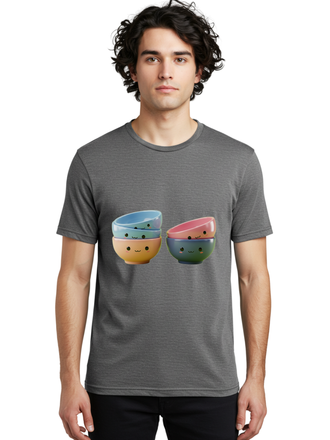 Cute-Bowls-2 Men'S Graphic Tee, 100% Cotton, Comfortable Casual Summer Wear, Machine Washable, Stacked Bowls, Ceramic Bowls, Cute Kitchenware, Adorable Faces, Colorful Tableware, Smiling Bowls, Pastel Colors, Kawaii Kitchen, Decorative Bowls, Baa431