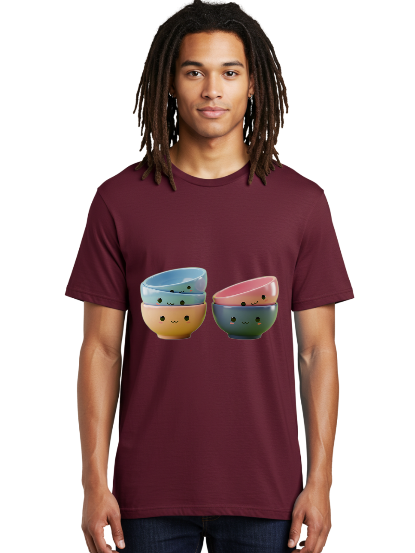 Cute-Bowls-2 Men'S Graphic Tee, 100% Cotton, Comfortable Casual Summer Wear, Machine Washable, Stacked Bowls, Ceramic Bowls, Cute Kitchenware, Adorable Faces, Colorful Tableware, Smiling Bowls, Pastel Colors, Kawaii Kitchen, Decorative Bowls, Baa431