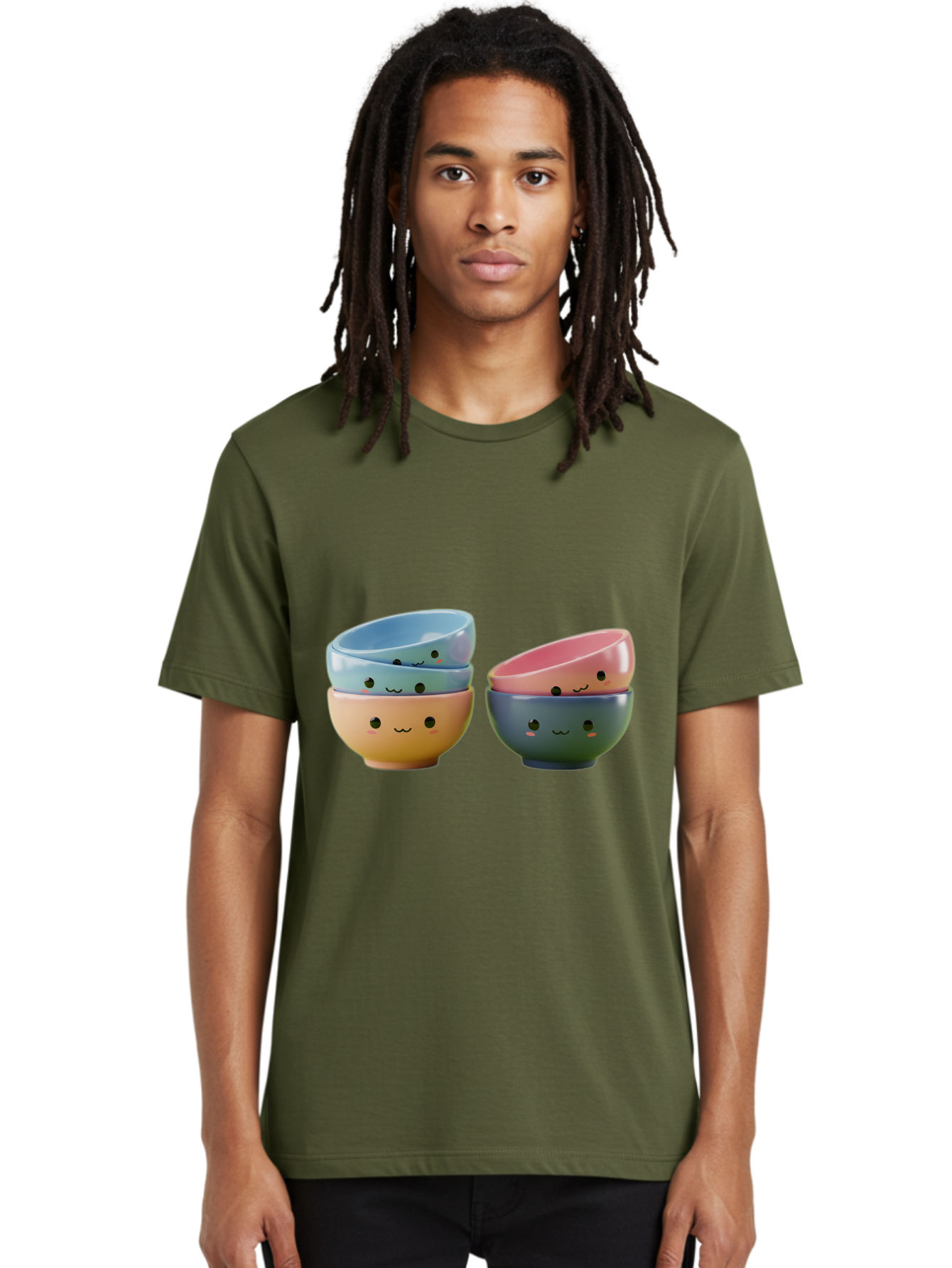 Cute-Bowls-2 Men'S Graphic Tee, 100% Cotton, Comfortable Casual Summer Wear, Machine Washable, Stacked Bowls, Ceramic Bowls, Cute Kitchenware, Adorable Faces, Colorful Tableware, Smiling Bowls, Pastel Colors, Kawaii Kitchen, Decorative Bowls, Baa431