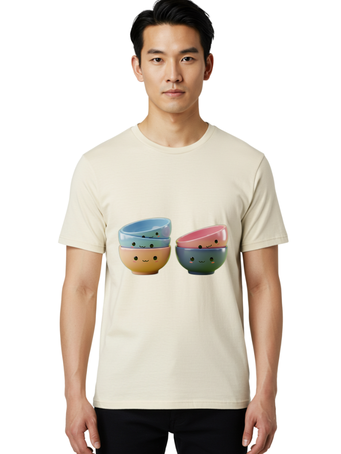 Cute-Bowls-2 Men'S Graphic Tee, 100% Cotton, Comfortable Casual Summer Wear, Machine Washable, Stacked Bowls, Ceramic Bowls, Cute Kitchenware, Adorable Faces, Colorful Tableware, Smiling Bowls, Pastel Colors, Kawaii Kitchen, Decorative Bowls, Baa431