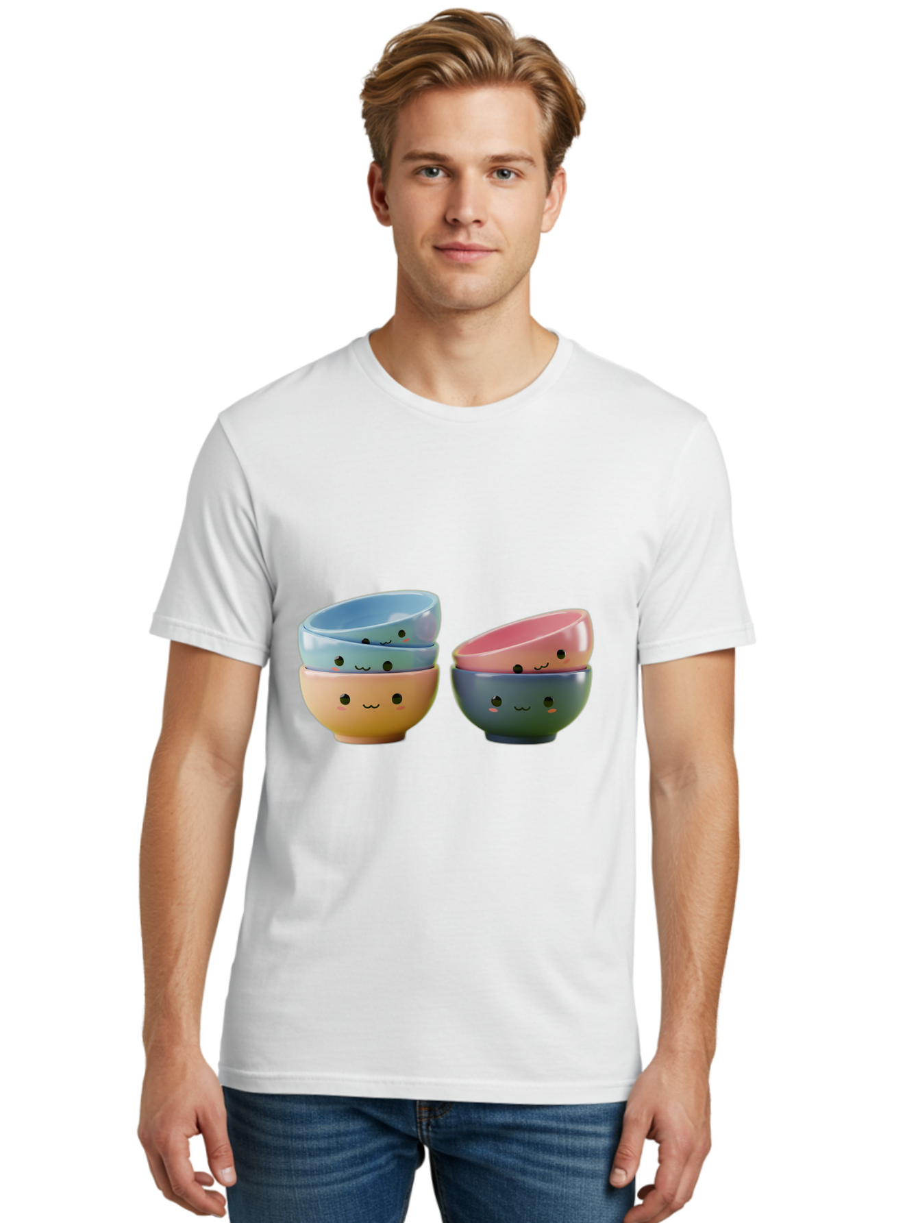 Cute-Bowls-2 Men'S Graphic Tee, 100% Cotton, Comfortable Casual Summer Wear, Machine Washable, Stacked Bowls, Ceramic Bowls, Cute Kitchenware, Adorable Faces, Colorful Tableware, Smiling Bowls, Pastel Colors, Kawaii Kitchen, Decorative Bowls, Baa431