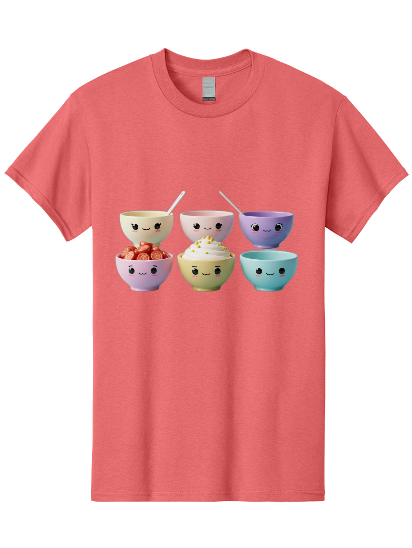 Cute-Bowls Men'S Graphic Tee, 100% Cotton, Comfortable Casual Summer Wear, Machine Washable, Cute Bowls, Dessert Bowls, Ice Cream Bowls, Cartoon Faces, Pastel Colors, Smiling Bowls, Food Bowls, Sweet Treats, Yogurt Bowls, Cartoon Desserts Baa432