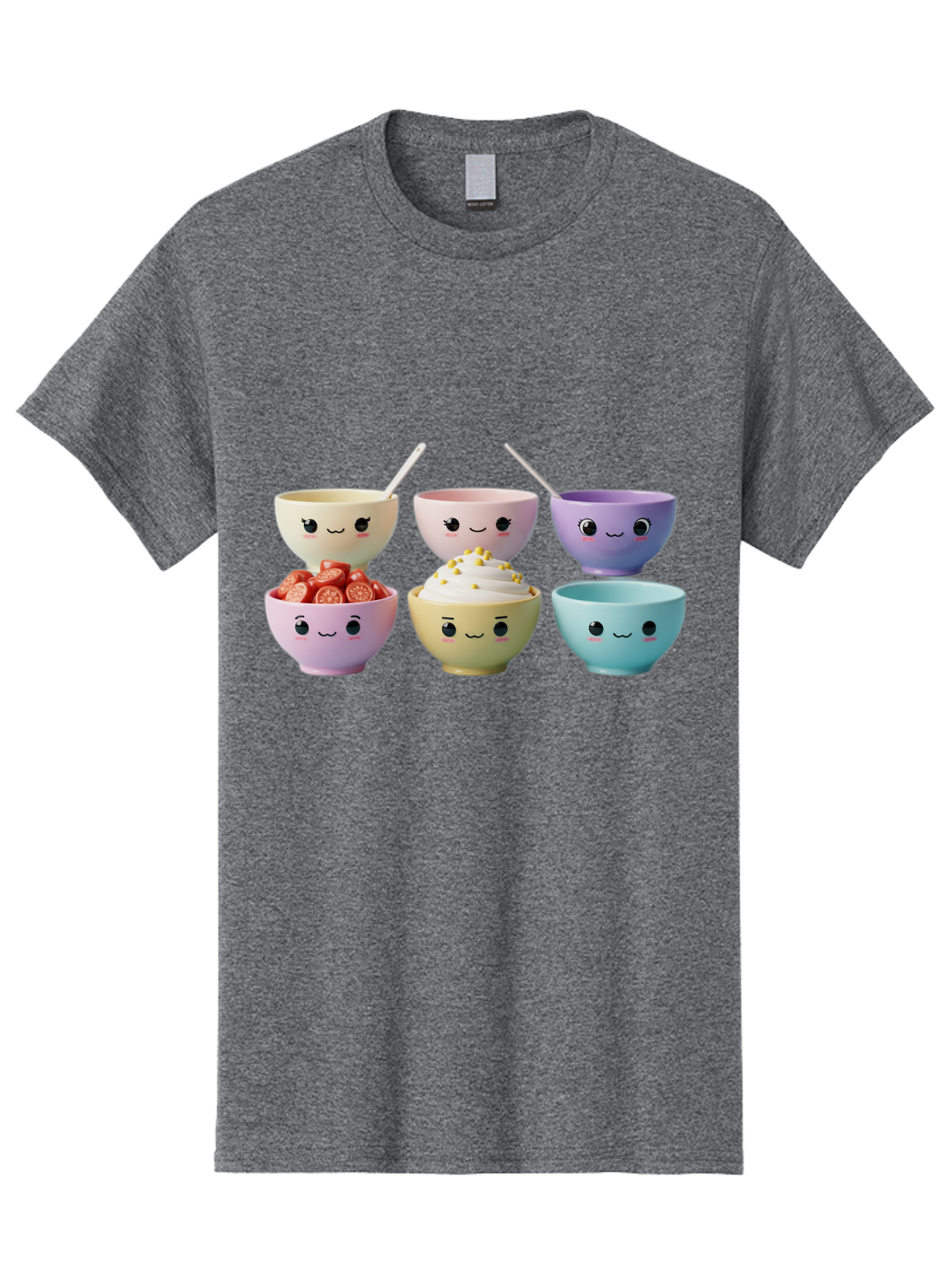 Cute-Bowls Men'S Graphic Tee, 100% Cotton, Comfortable Casual Summer Wear, Machine Washable, Cute Bowls, Dessert Bowls, Ice Cream Bowls, Cartoon Faces, Pastel Colors, Smiling Bowls, Food Bowls, Sweet Treats, Yogurt Bowls, Cartoon Desserts Baa432