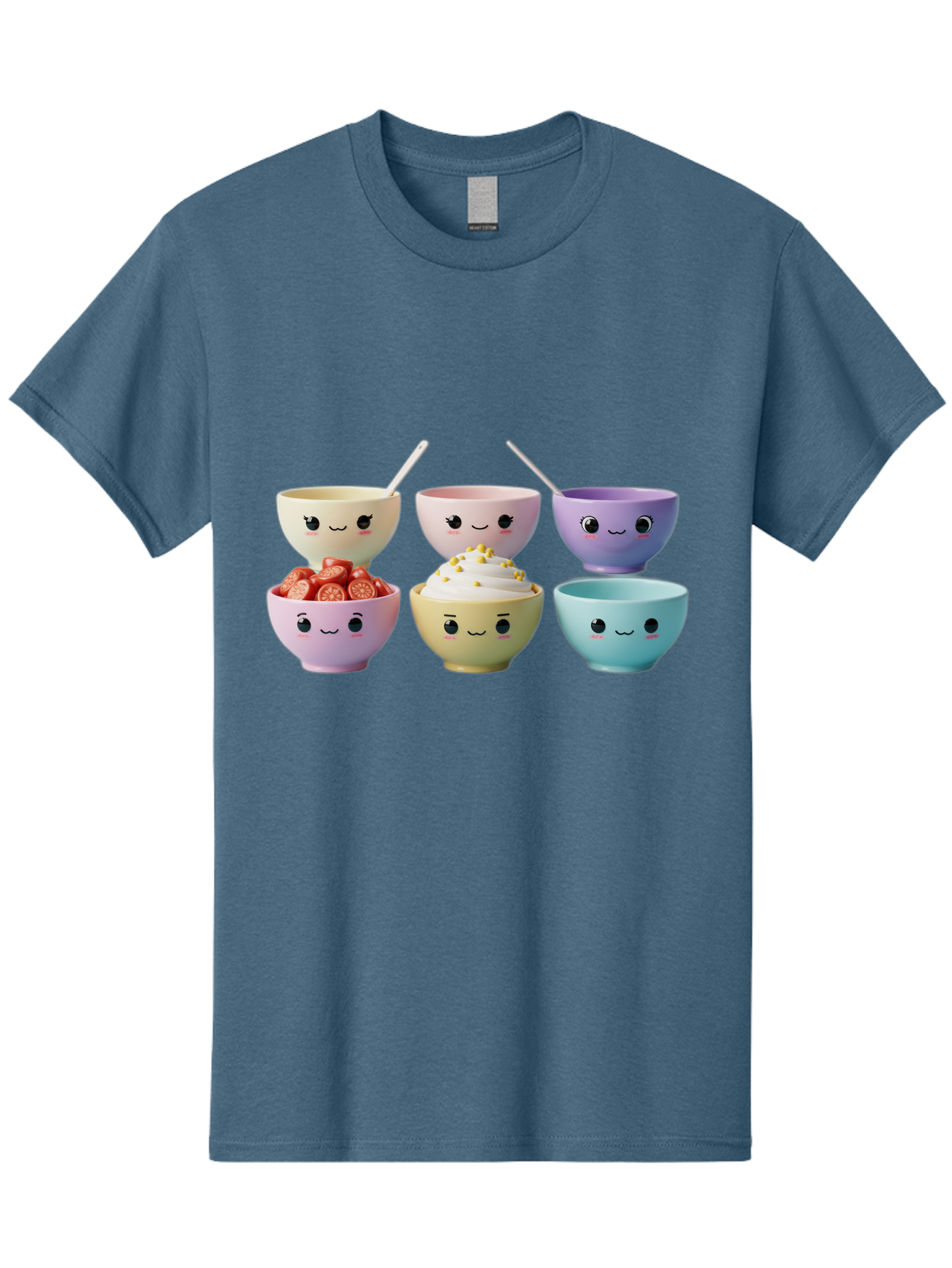Cute-Bowls Men'S Graphic Tee, 100% Cotton, Comfortable Casual Summer Wear, Machine Washable, Cute Bowls, Dessert Bowls, Ice Cream Bowls, Cartoon Faces, Pastel Colors, Smiling Bowls, Food Bowls, Sweet Treats, Yogurt Bowls, Cartoon Desserts Baa432