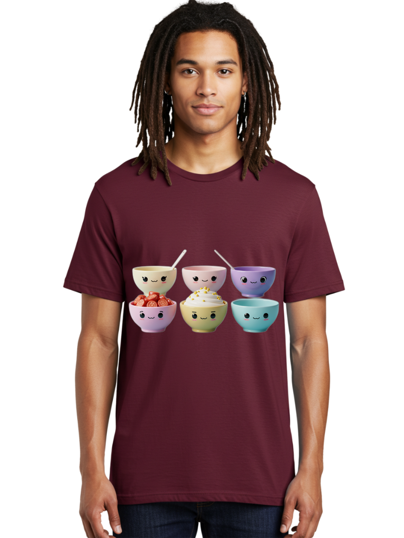 Cute-Bowls Men'S Graphic Tee, 100% Cotton, Comfortable Casual Summer Wear, Machine Washable, Cute Bowls, Dessert Bowls, Ice Cream Bowls, Cartoon Faces, Pastel Colors, Smiling Bowls, Food Bowls, Sweet Treats, Yogurt Bowls, Cartoon Desserts Baa432