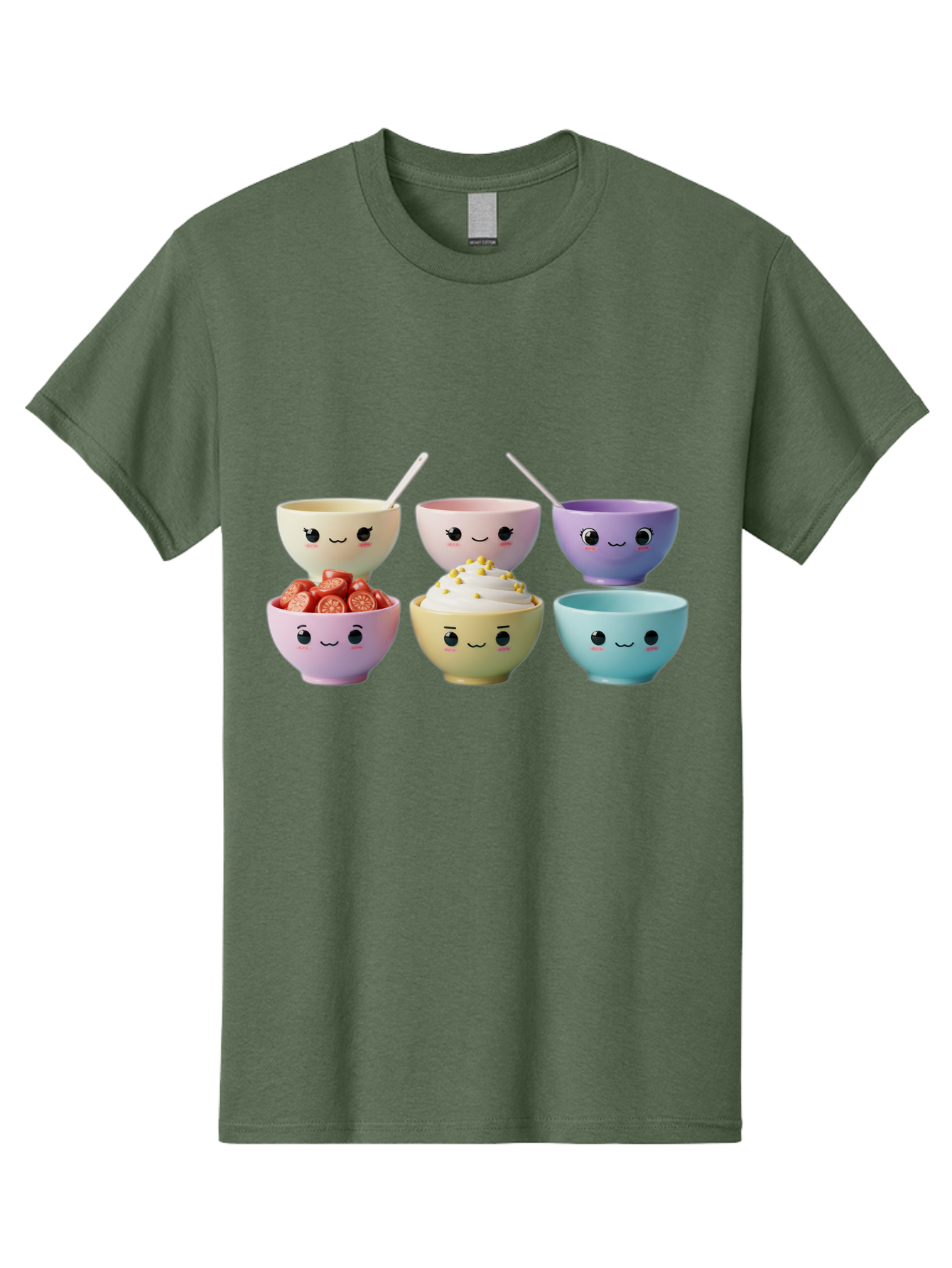 Cute-Bowls Men'S Graphic Tee, 100% Cotton, Comfortable Casual Summer Wear, Machine Washable, Cute Bowls, Dessert Bowls, Ice Cream Bowls, Cartoon Faces, Pastel Colors, Smiling Bowls, Food Bowls, Sweet Treats, Yogurt Bowls, Cartoon Desserts Baa432