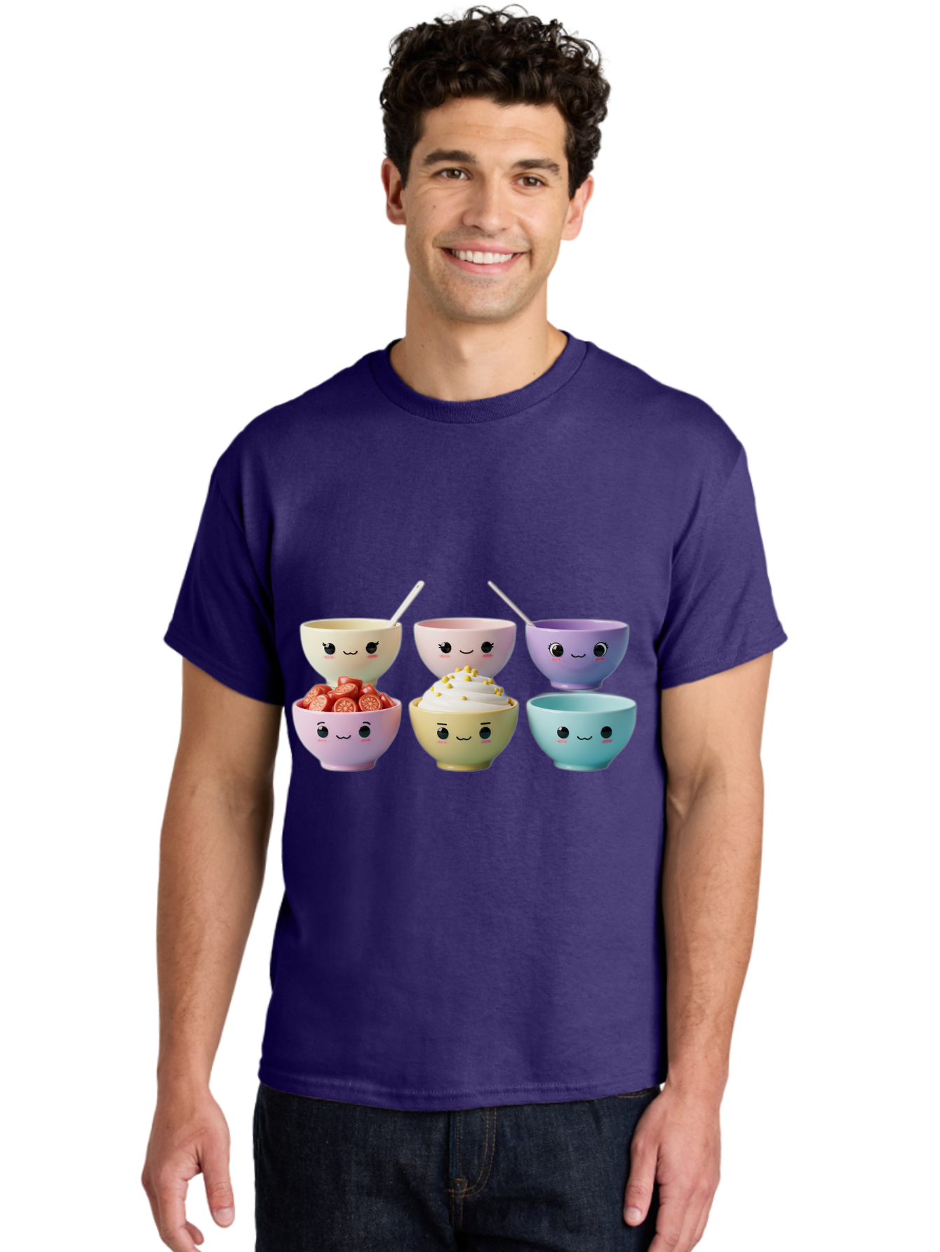 Cute-Bowls Men'S Graphic Tee, 100% Cotton, Comfortable Casual Summer Wear, Machine Washable, Cute Bowls, Dessert Bowls, Ice Cream Bowls, Cartoon Faces, Pastel Colors, Smiling Bowls, Food Bowls, Sweet Treats, Yogurt Bowls, Cartoon Desserts Baa432